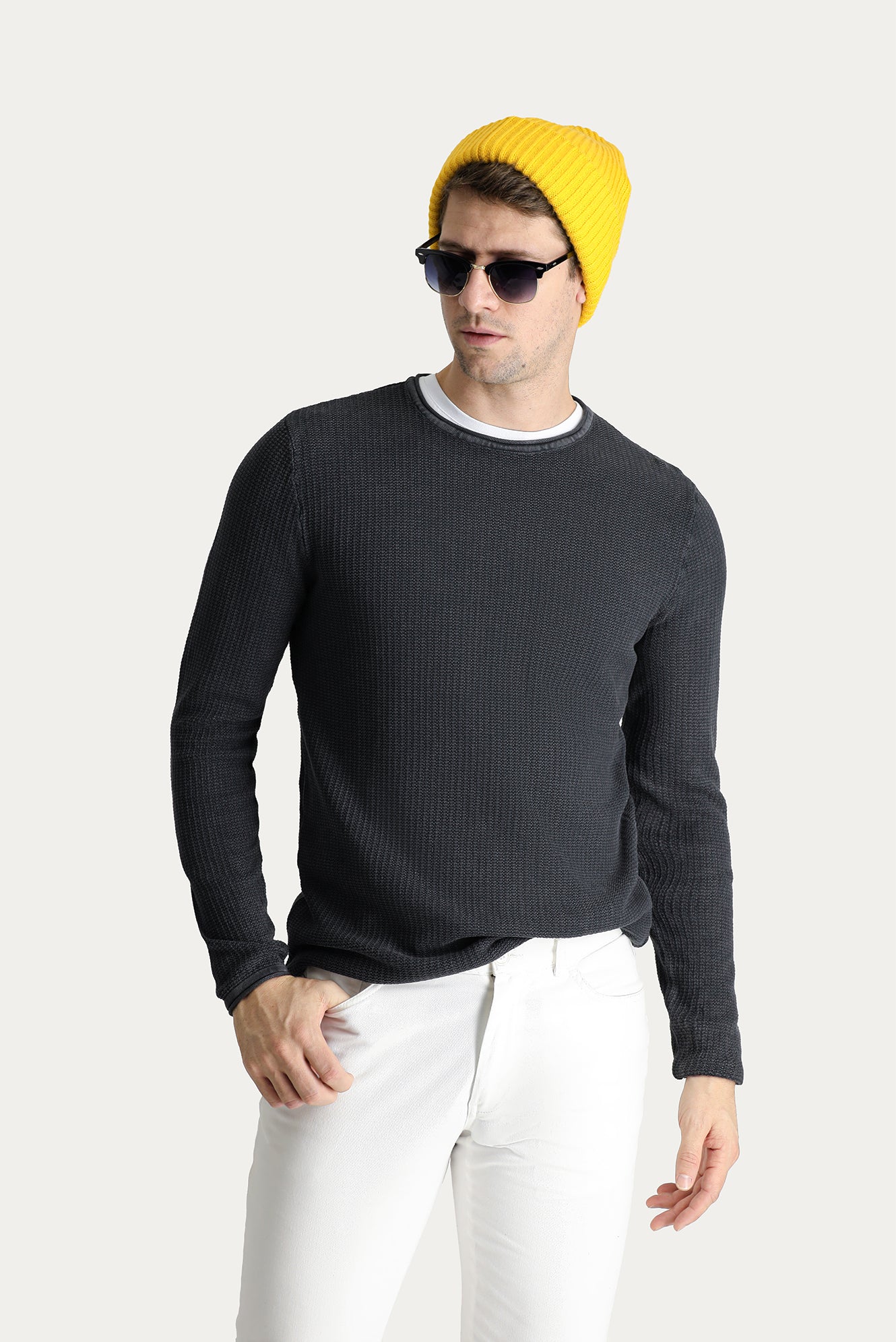 Koyu Antrasit Bisiklet Yaka Slim Fit Dar Kesim Desenli Pamuk Triko Kazak - Image 2