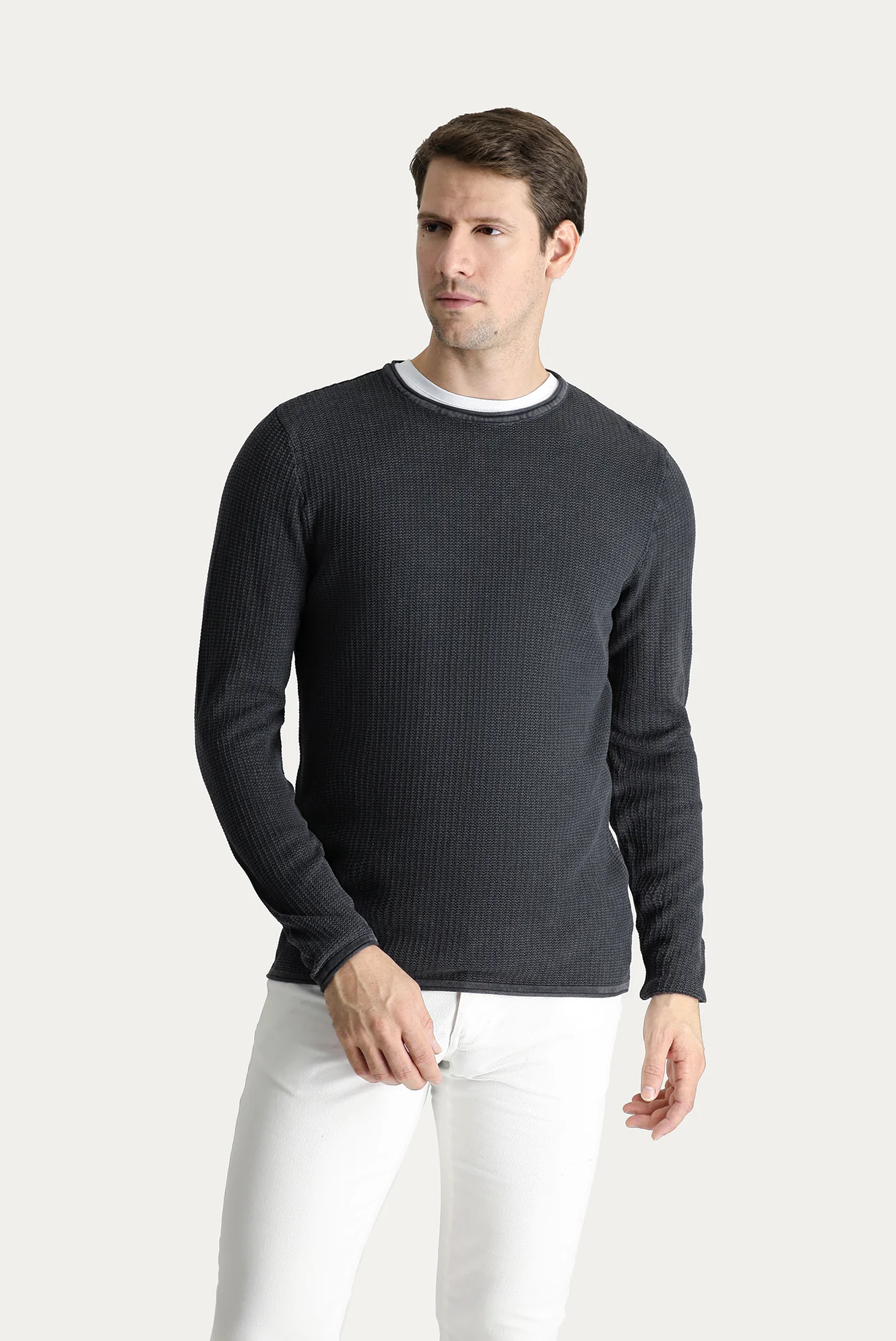 Koyu Antrasit Bisiklet Yaka Slim Fit Dar Kesim Desenli Pamuk Triko Kazak - Image 3