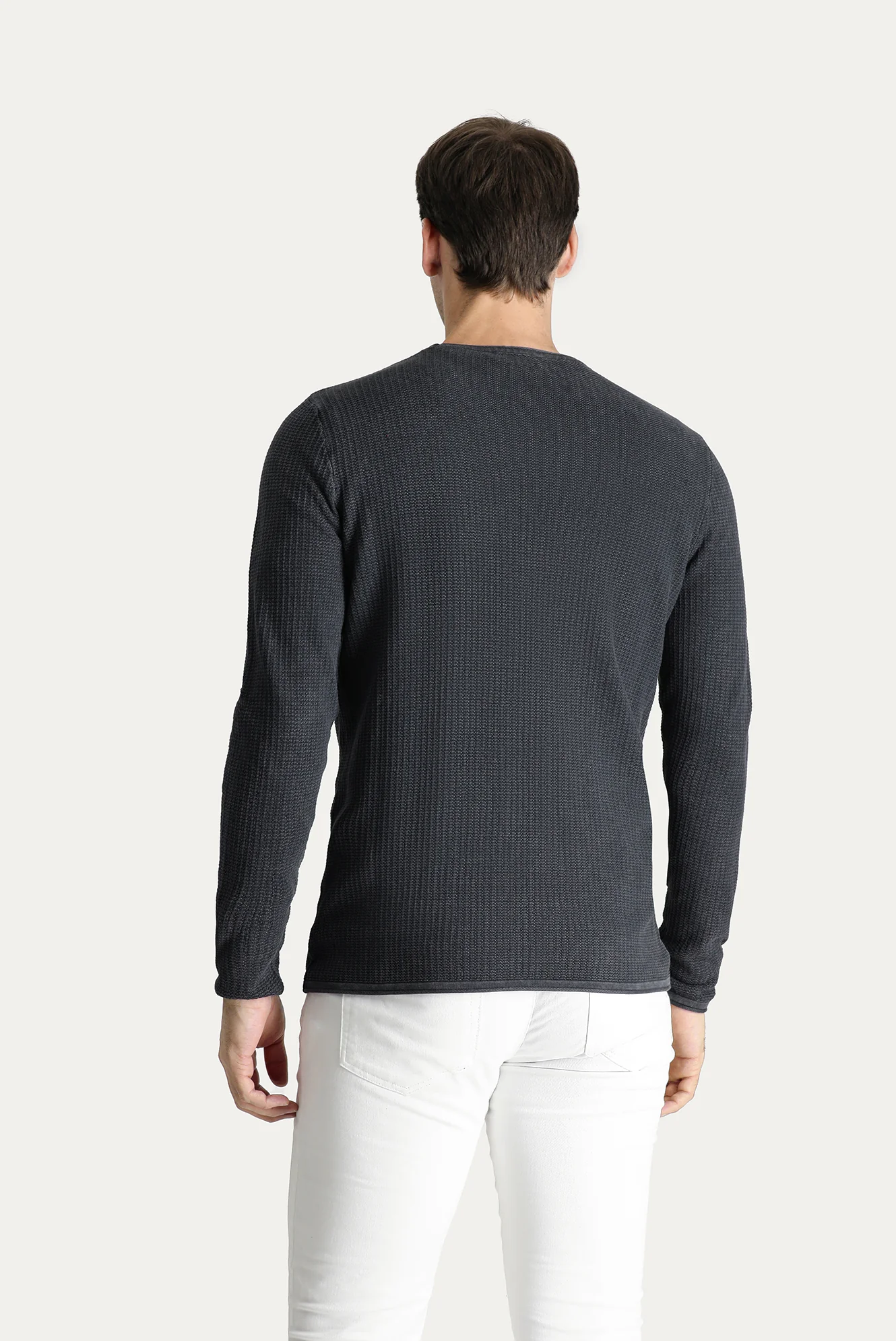 Koyu Antrasit Bisiklet Yaka Slim Fit Dar Kesim Desenli Pamuk Triko Kazak - Image 4
