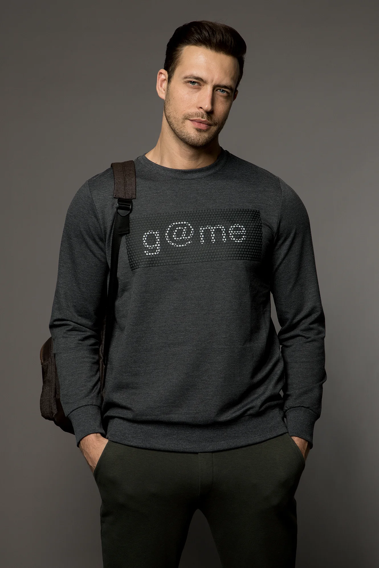 Koyu Antrasit Bisiklet Yaka Slim Fit Dar Kesim Sweatshirt