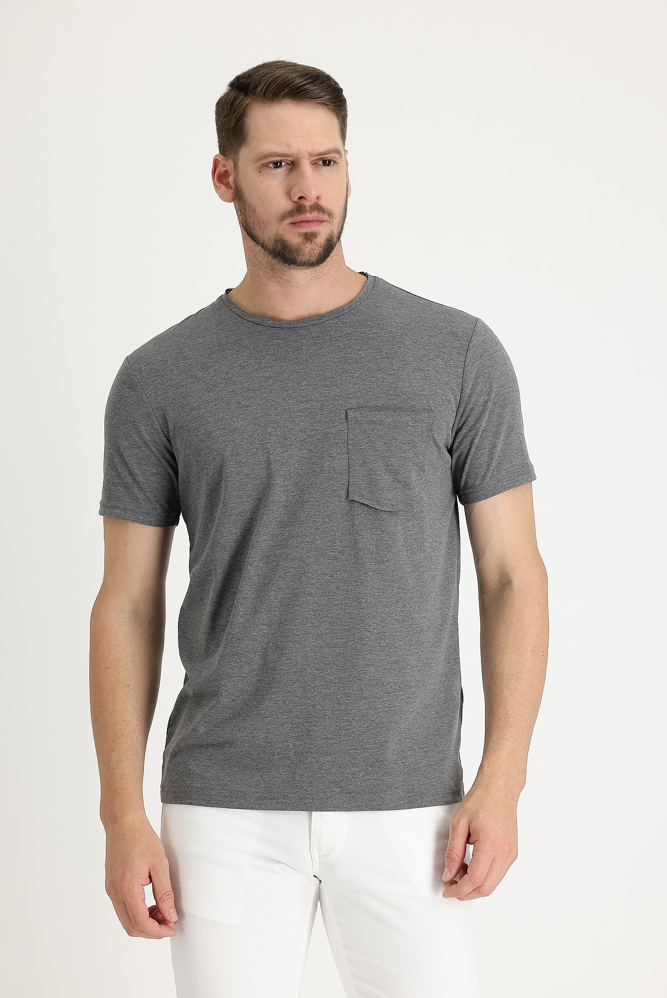 Koyu Antrasit Bisiklet Yaka Slim Fit Dar Kesim Tişört - Image 2