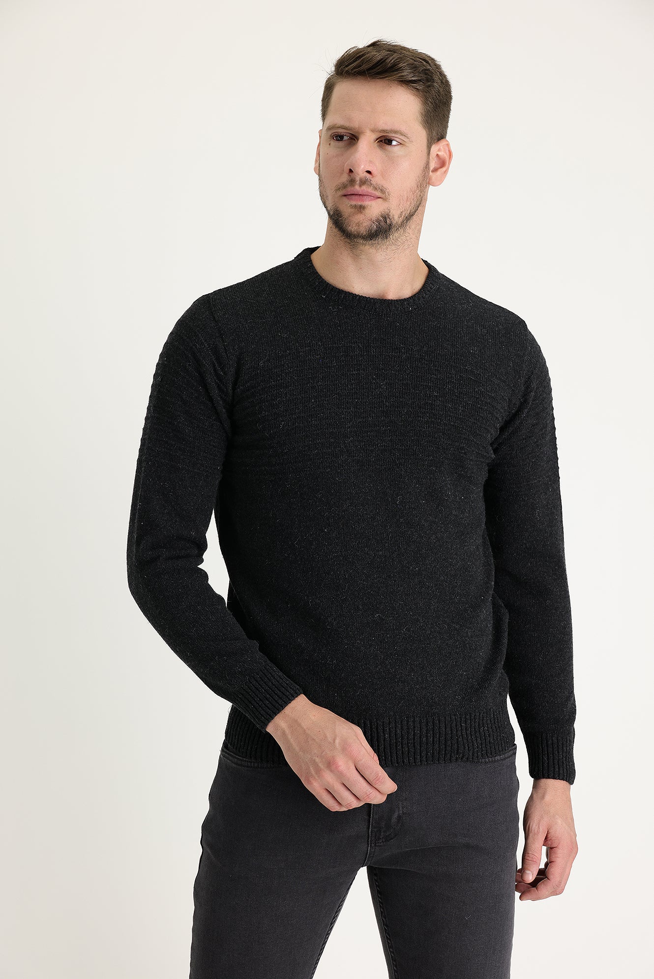 Koyu Antrasit Bisiklet Yaka Slim Fit Dar Kesim Yünlü Desenli Pamuklu Triko Kazak