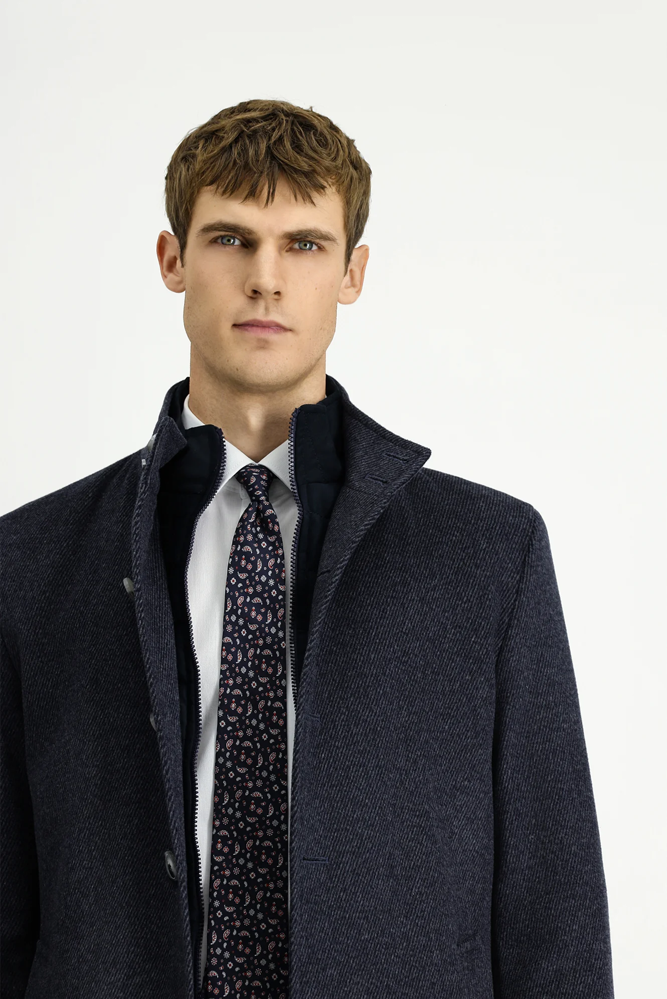 Koyu Antrasit Dik Yaka Çıkma Mostra Cepli Yünlü Klasik Kaban - Image 3
