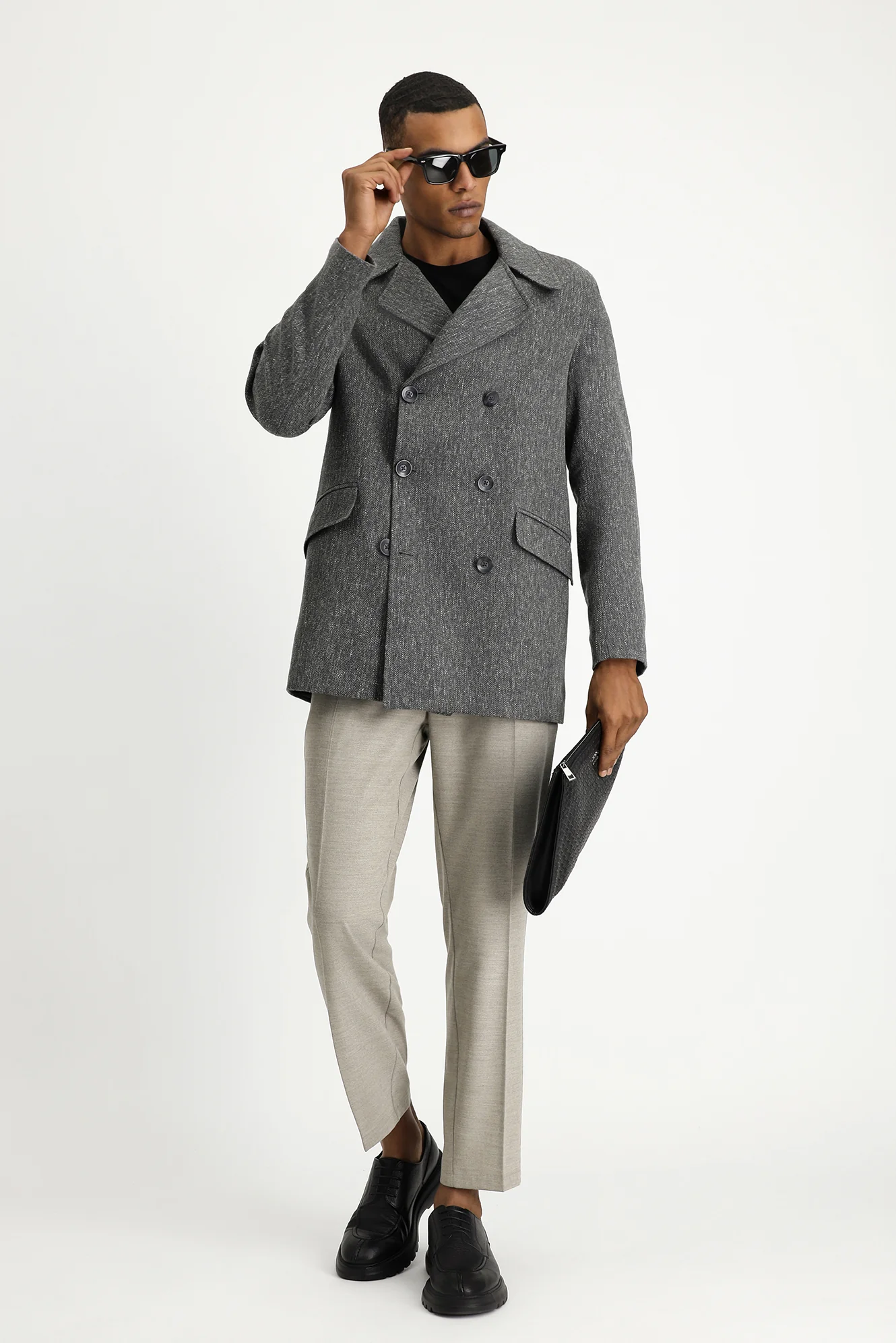 Koyu Antrasit Desenli Yünlü Kruvaze Kaban - Image 3