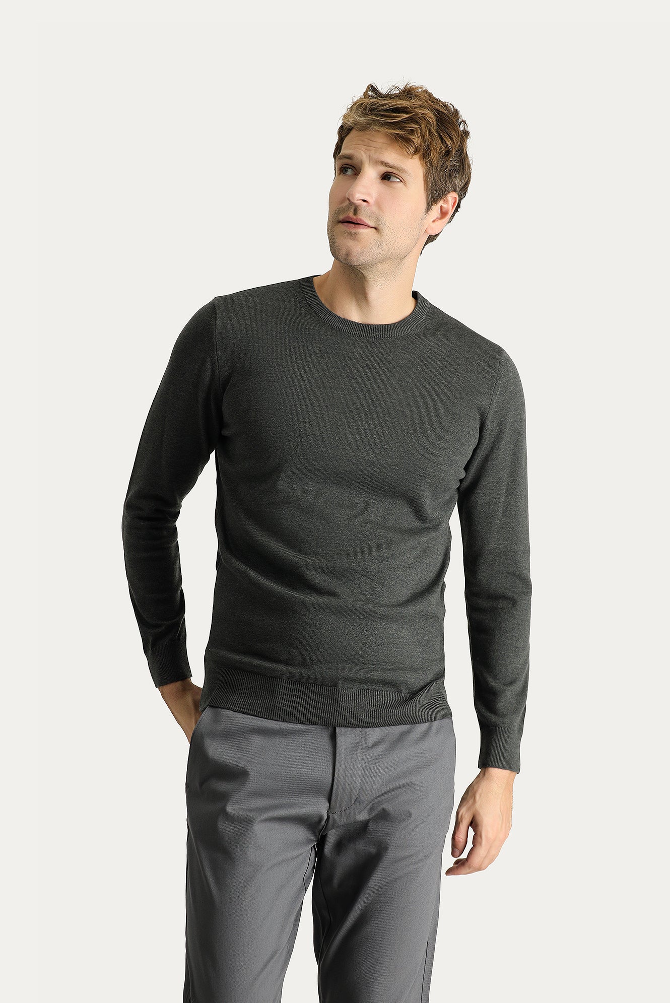 Koyu Antrasit Melanj Bisiklet Yaka Slim Fit Dar Kesim Pamuklu Triko Kazak - Image 2