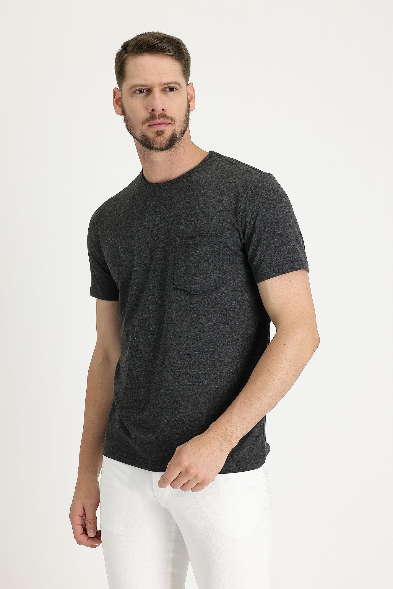 Koyu Antrasit Melanj Bisiklet Yaka Slim Fit Dar Kesim Tişört