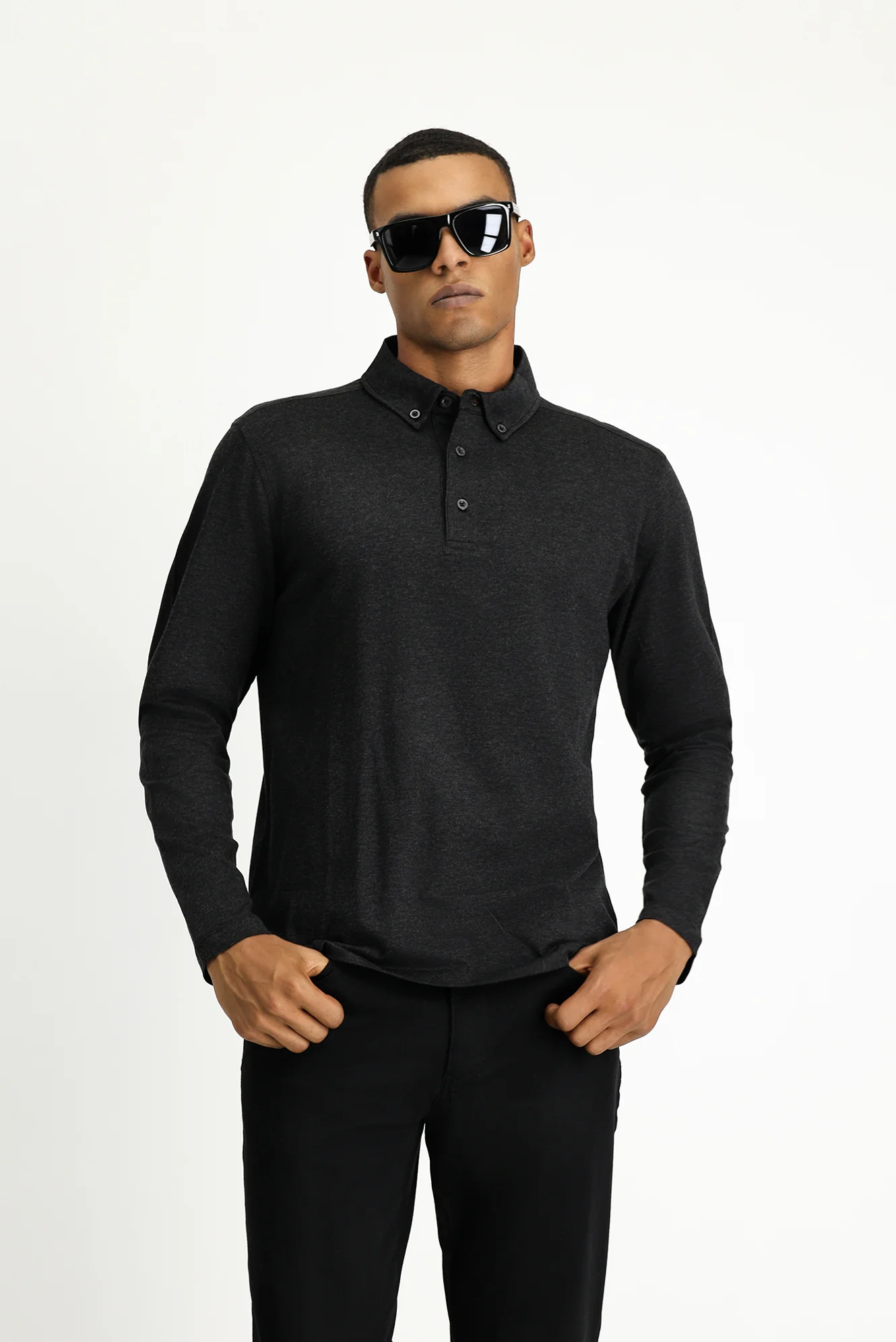 Koyu Antrasit Melanj Polo Yaka Regular Fit Çizgili Pamuk Sweatshirt