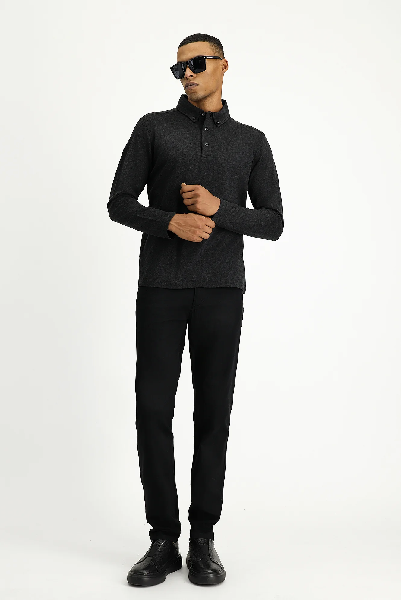Koyu Antrasit Melanj Polo Yaka Regular Fit Çizgili Pamuk Sweatshirt - Image 2