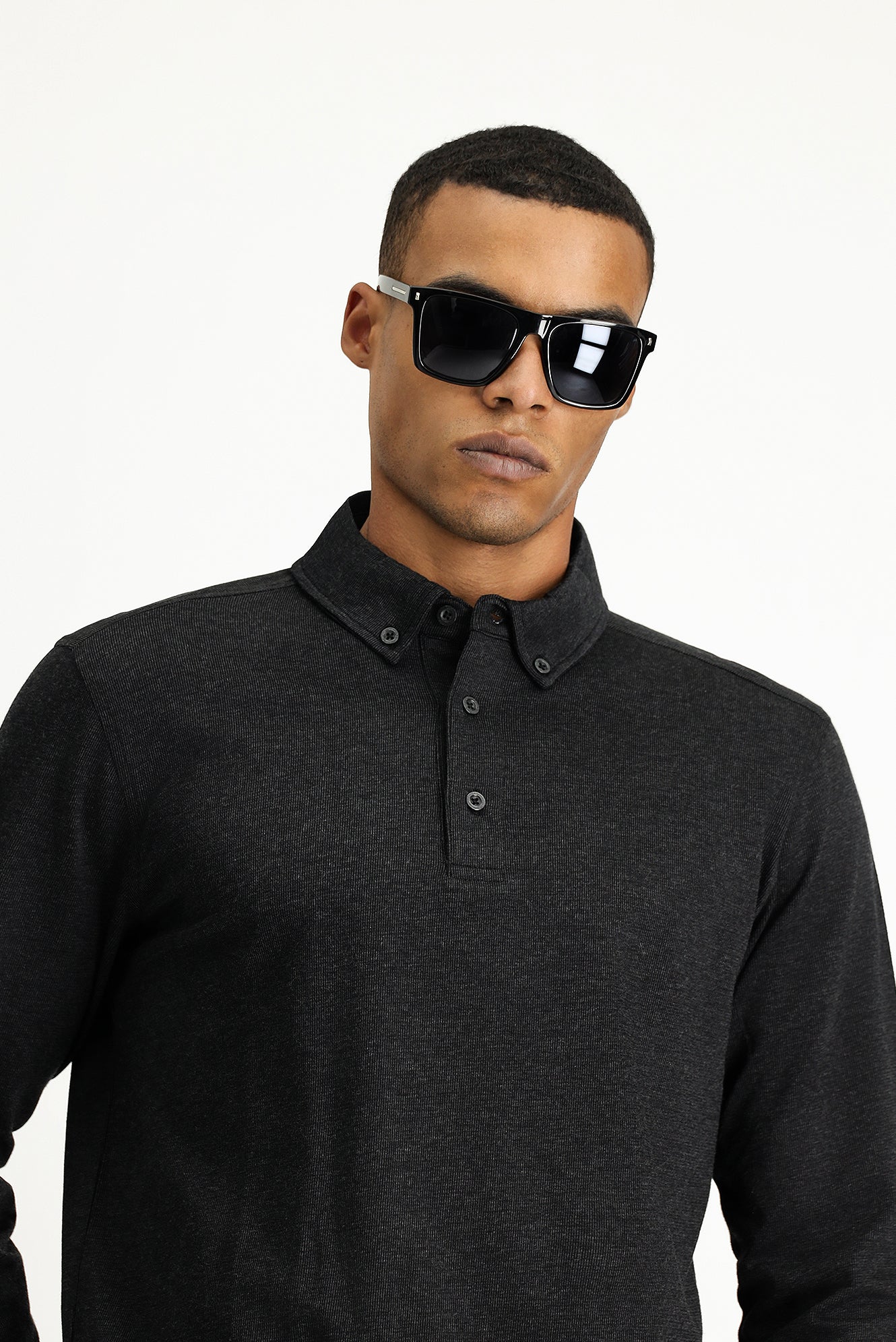 Koyu Antrasit Melanj Polo Yaka Regular Fit Çizgili Pamuk Sweatshirt - Image 3
