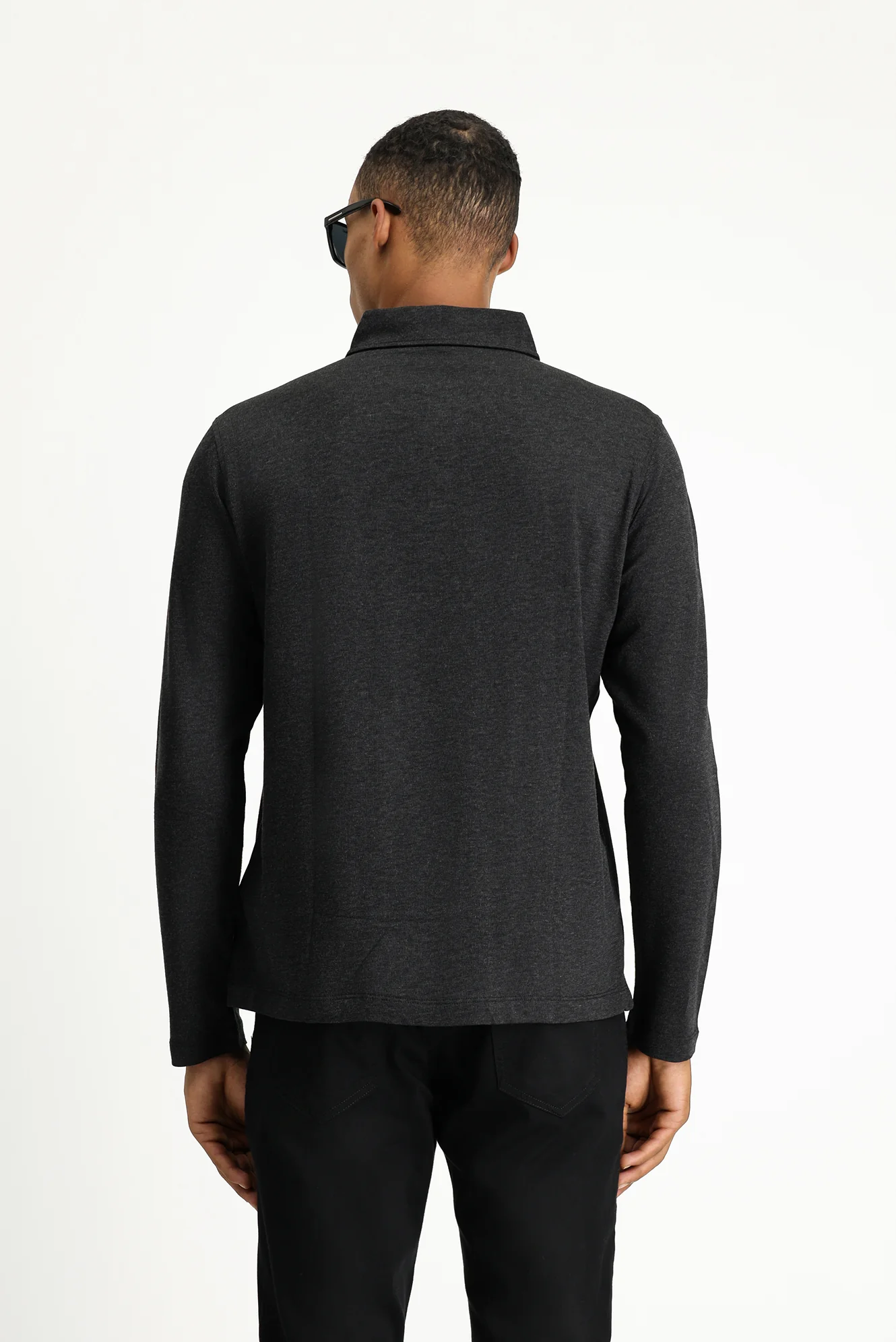 Koyu Antrasit Melanj Polo Yaka Regular Fit Çizgili Pamuk Sweatshirt - Image 4