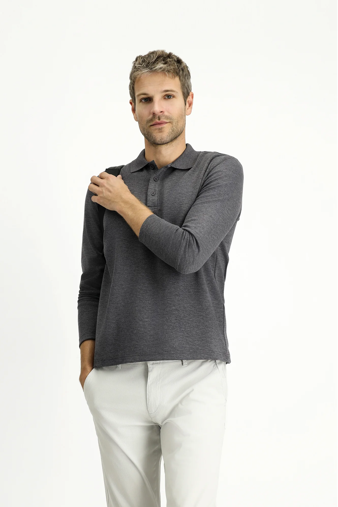Koyu Antrasit Melanj Polo Yaka Regular Fit Desenli Sweatshirt - Image 2