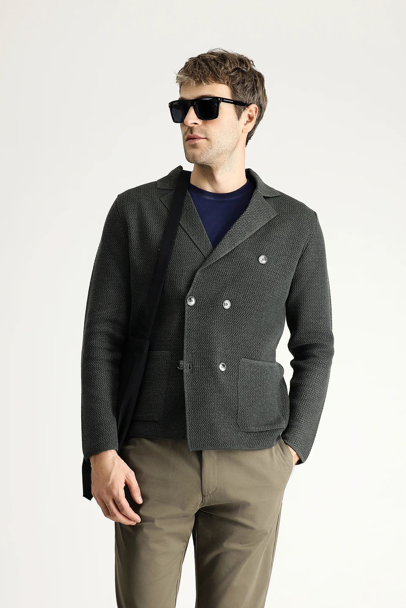 Koyu Antrasit Melanj Slim Fit Dar Kesim Kruvaze Pamuklu Triko Hırka - Image 2