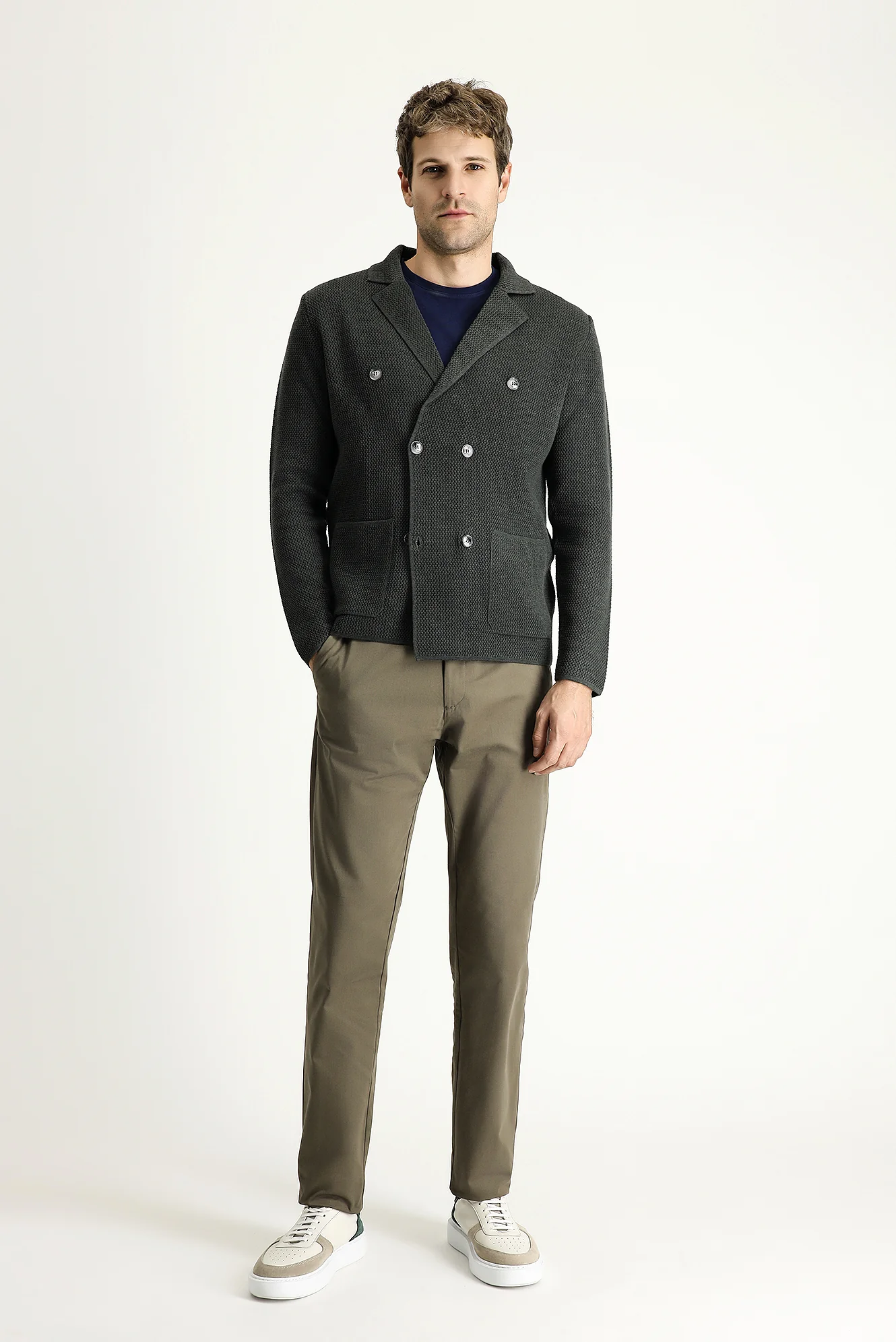 Koyu Antrasit Melanj Slim Fit Dar Kesim Kruvaze Pamuklu Triko Hırka - Image 3