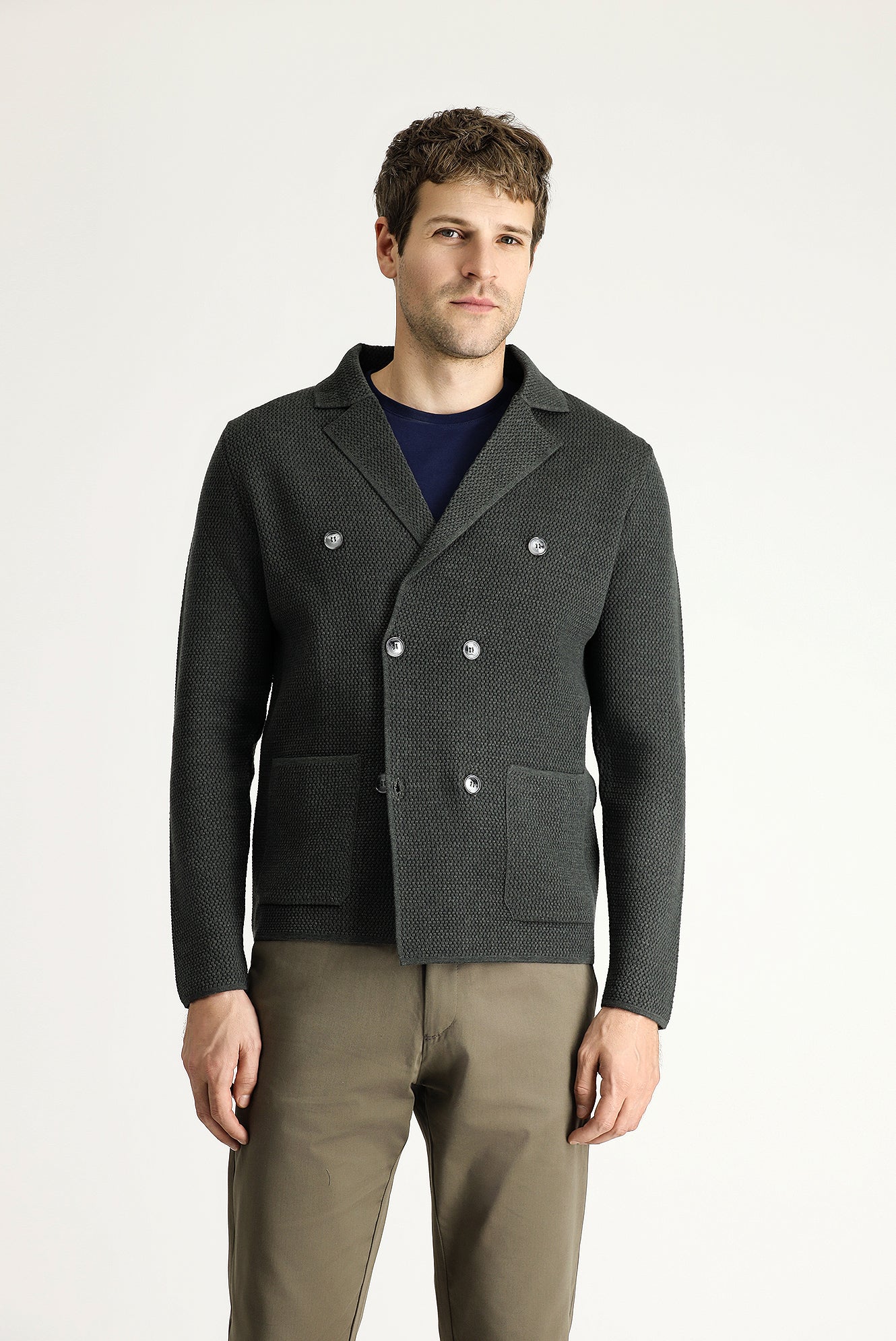 Koyu Antrasit Melanj Slim Fit Dar Kesim Kruvaze Pamuklu Triko Hırka - Image 4