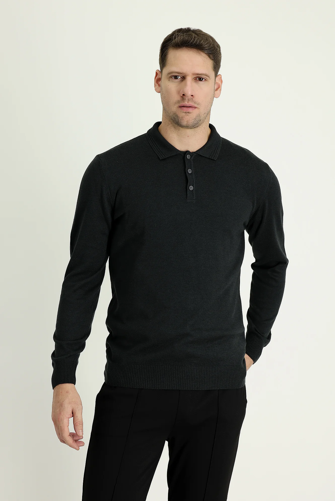 Koyu Antrasit Polo Yaka Regular Fit Pamuklu Triko Kazak