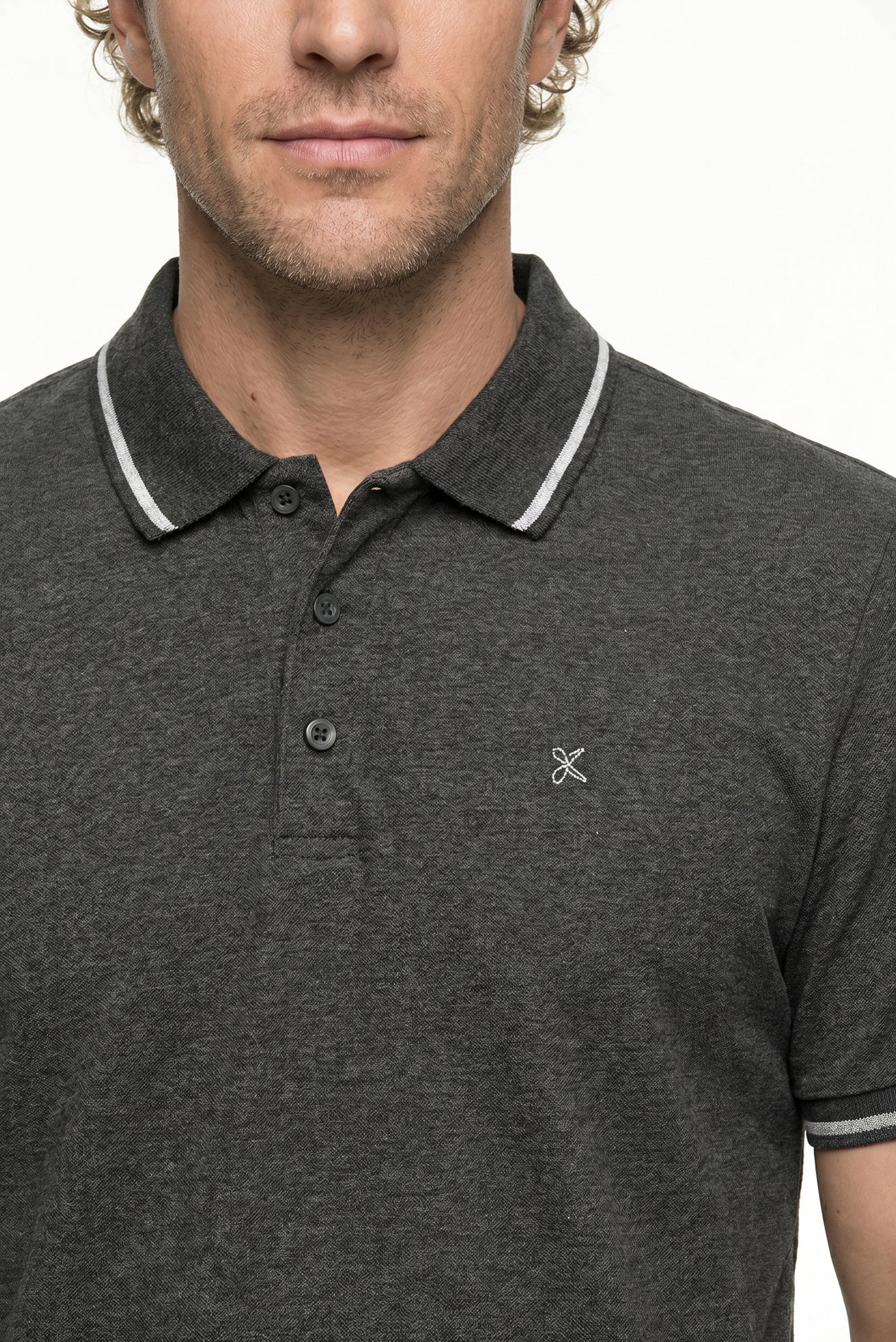 Koyu Antrasit Polo Yaka Slim Fit Yumuşak Dokulu Nakışlı Pamuklu Likralı Esnek Tişört - Image 3