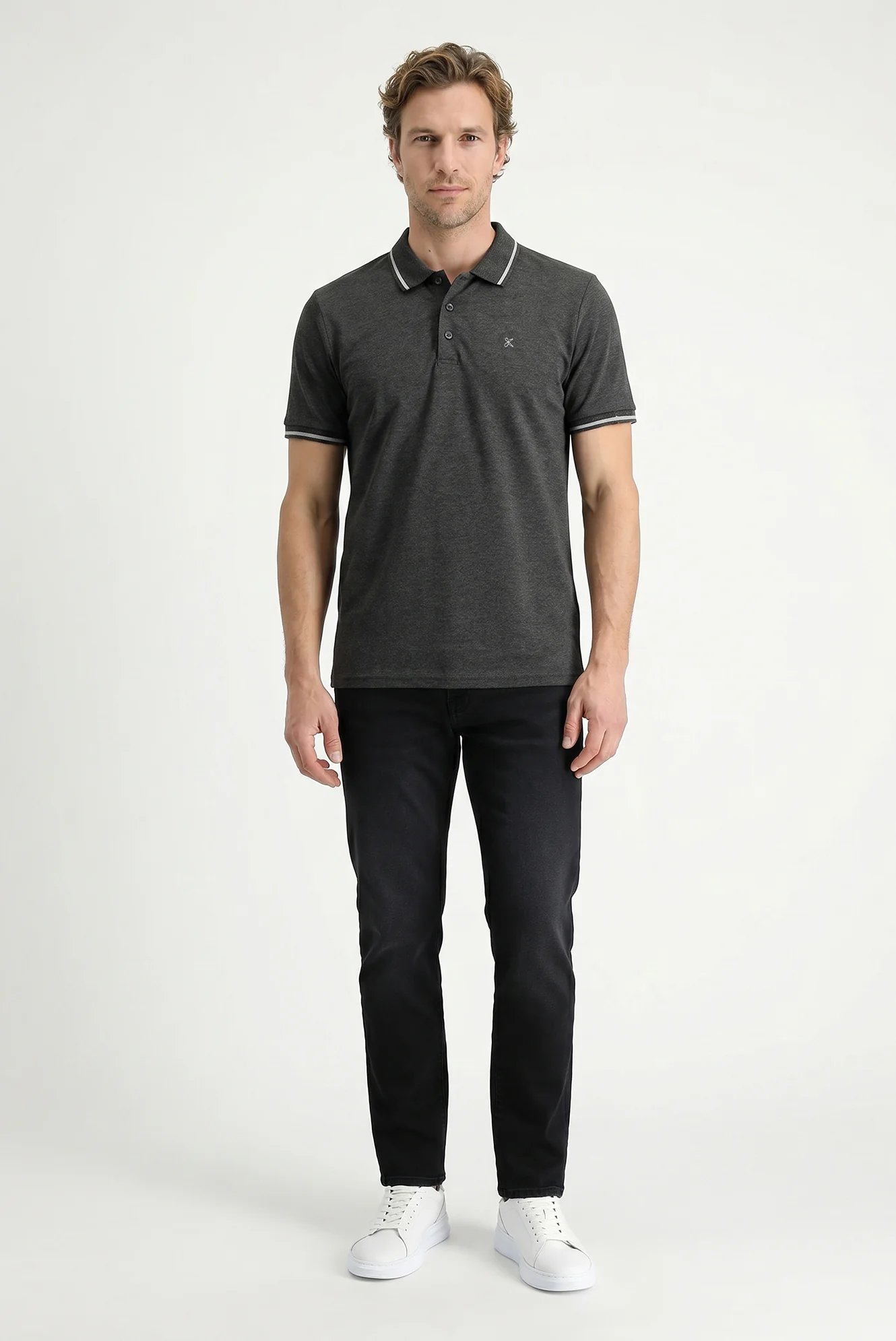 Koyu Antrasit Polo Yaka Slim Fit Yumuşak Dokulu Nakışlı Pamuklu Likralı Esnek Tişört - Image 4