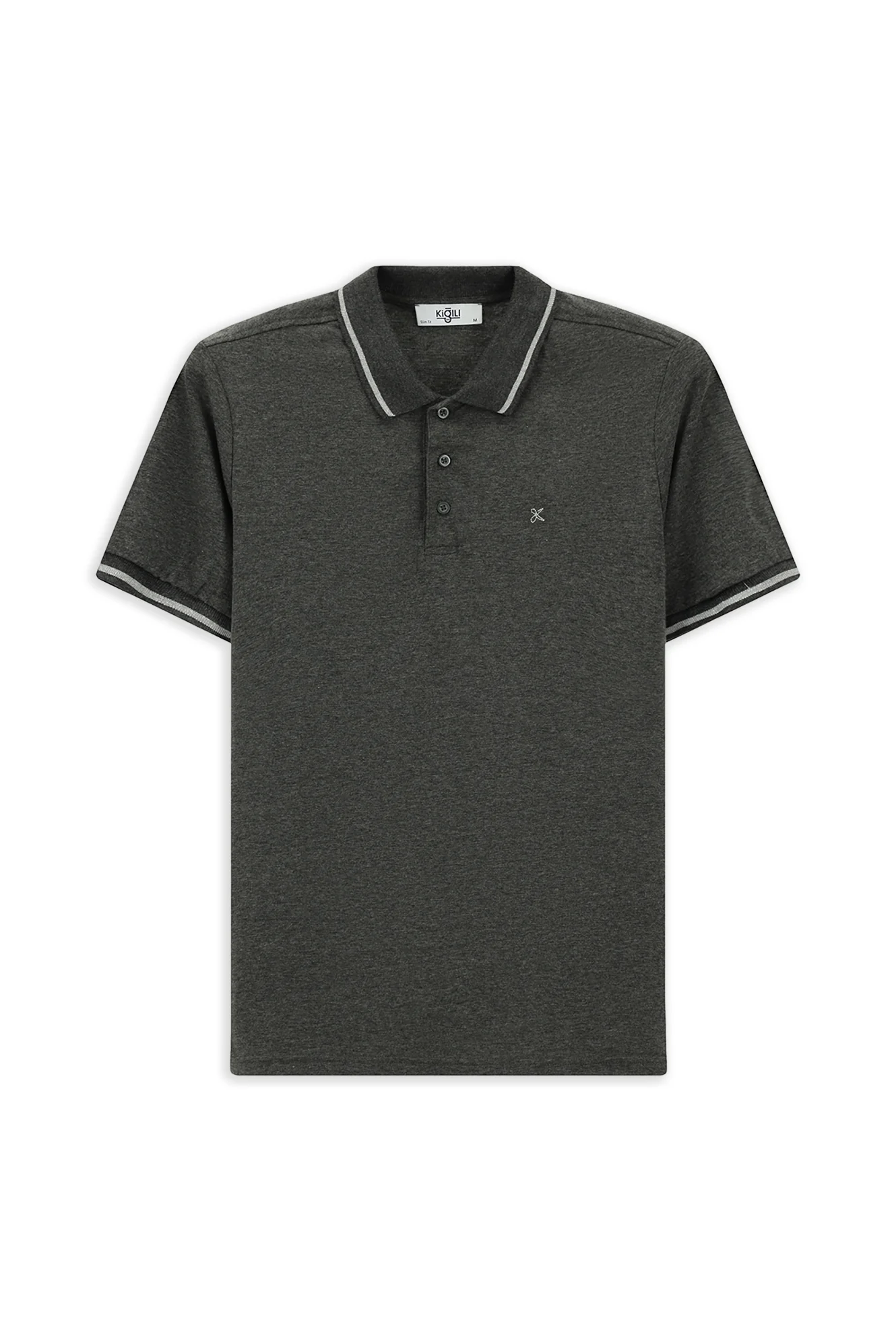 Koyu Antrasit Polo Yaka Slim Fit Yumuşak Dokulu Nakışlı Pamuklu Likralı Esnek Tişört - Image 6