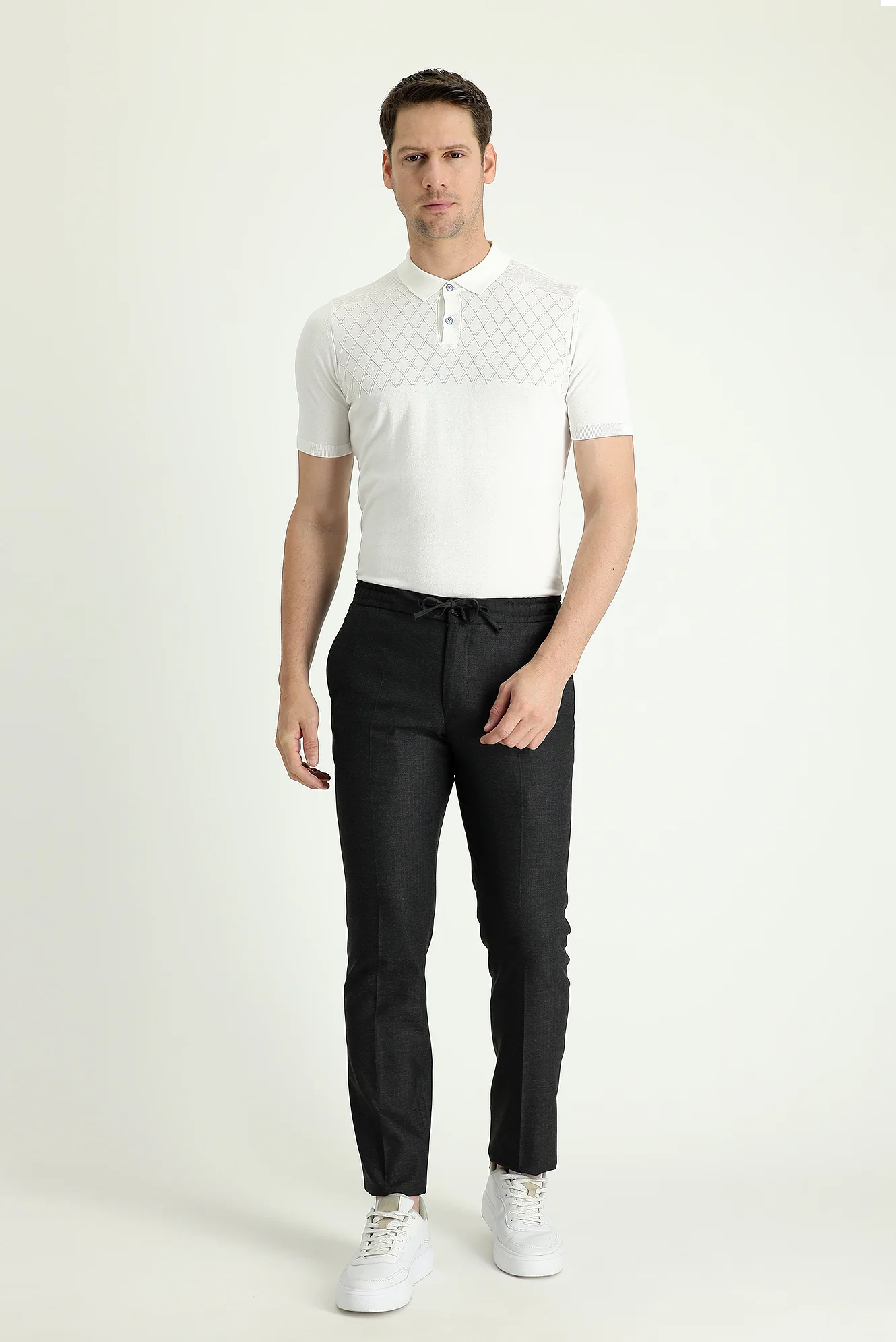 Koyu Antrasit 6 Drop Regular Fit Standart Kesim Beli Lastikli İpli Desenli Likralı Klasik Kumaş Pantolon - Image 2