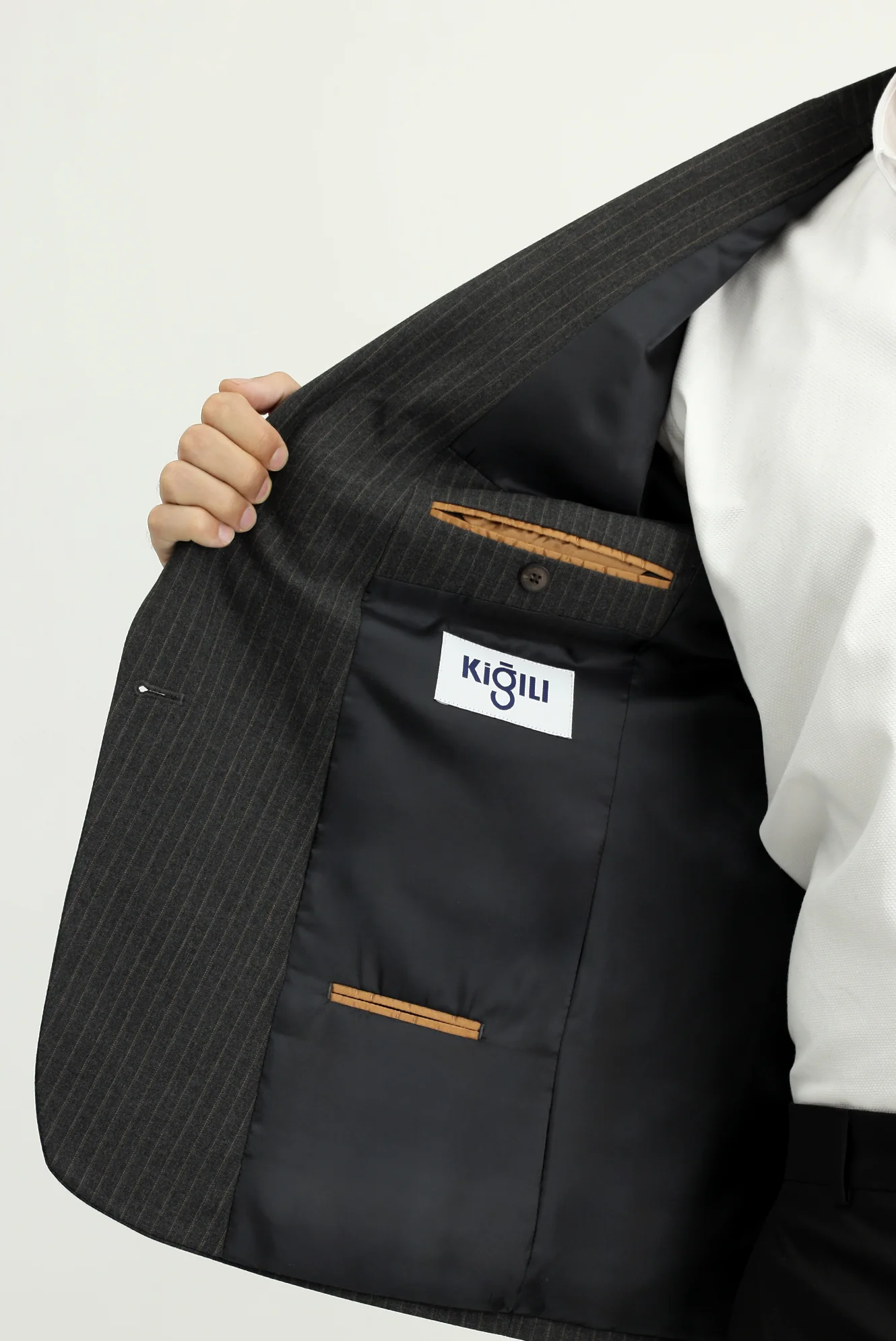 Koyu Antrasit 6 Drop Regular Fit Standart Kesim Çizgili Kruvaze Ceket - Image 5