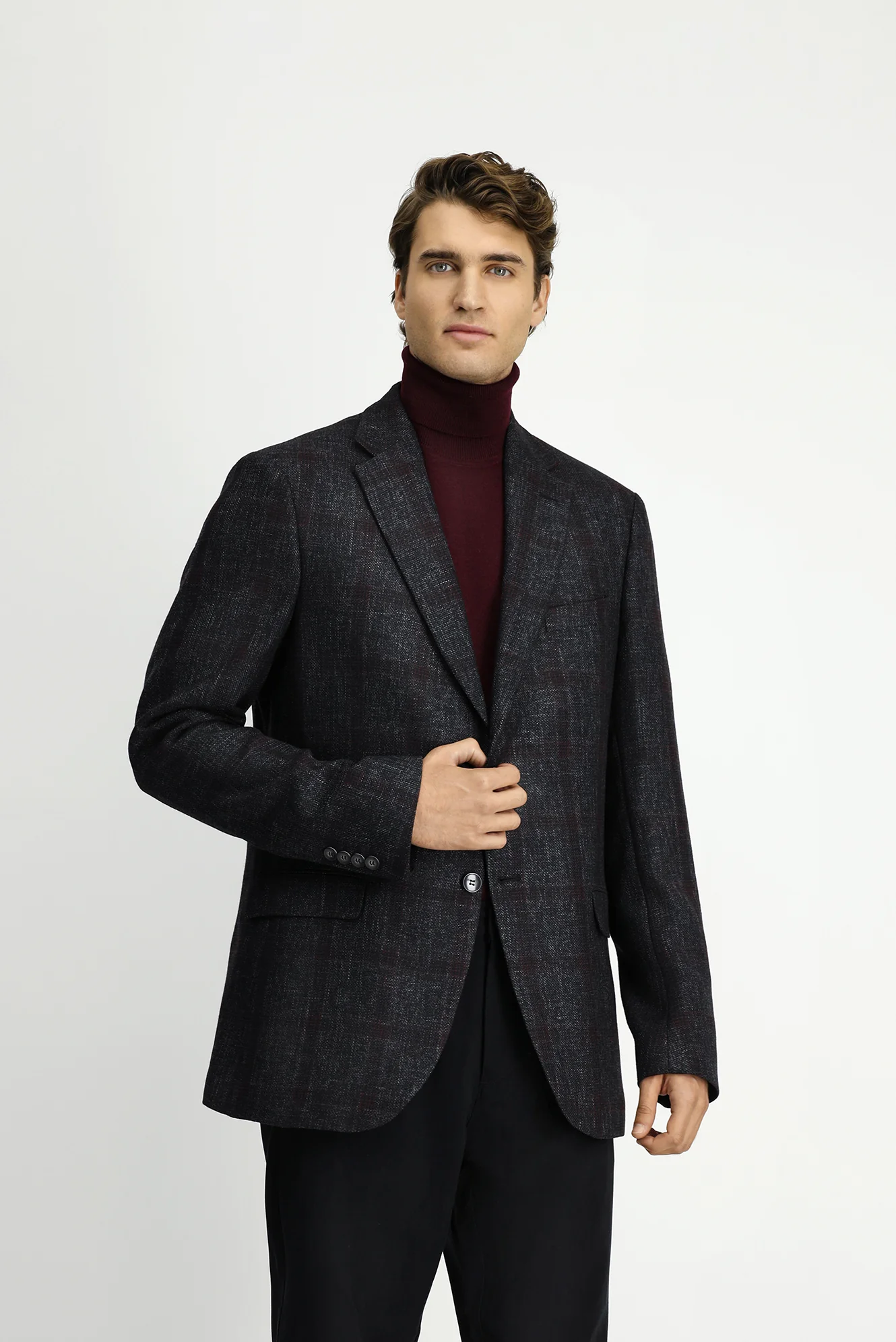 Koyu Antrasit 4 Drop Relaxed Fit Rahat Kesim Ekose Yünlü Ceket