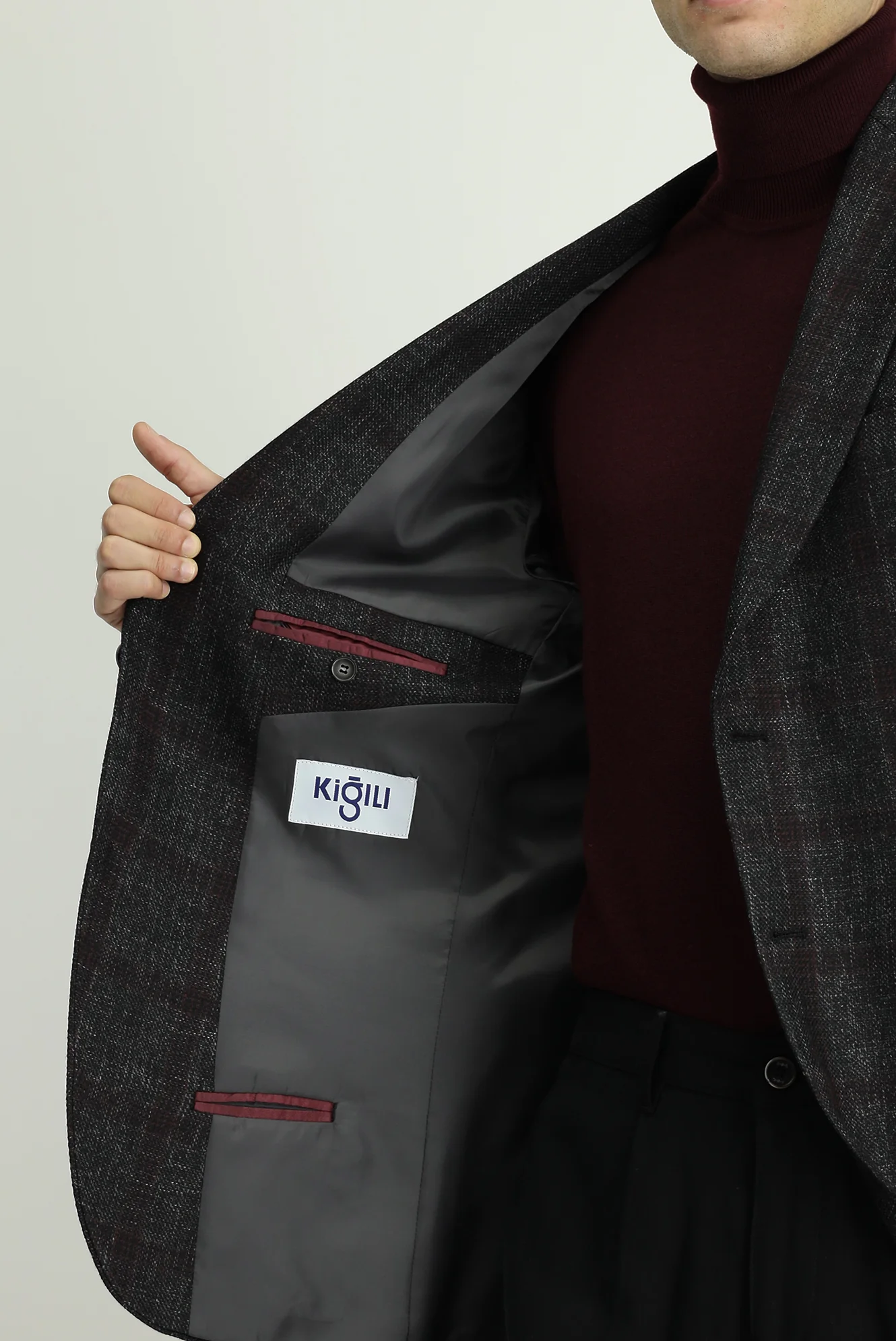 Koyu Antrasit 4 Drop Relaxed Fit Rahat Kesim Ekose Yünlü Ceket - Image 6