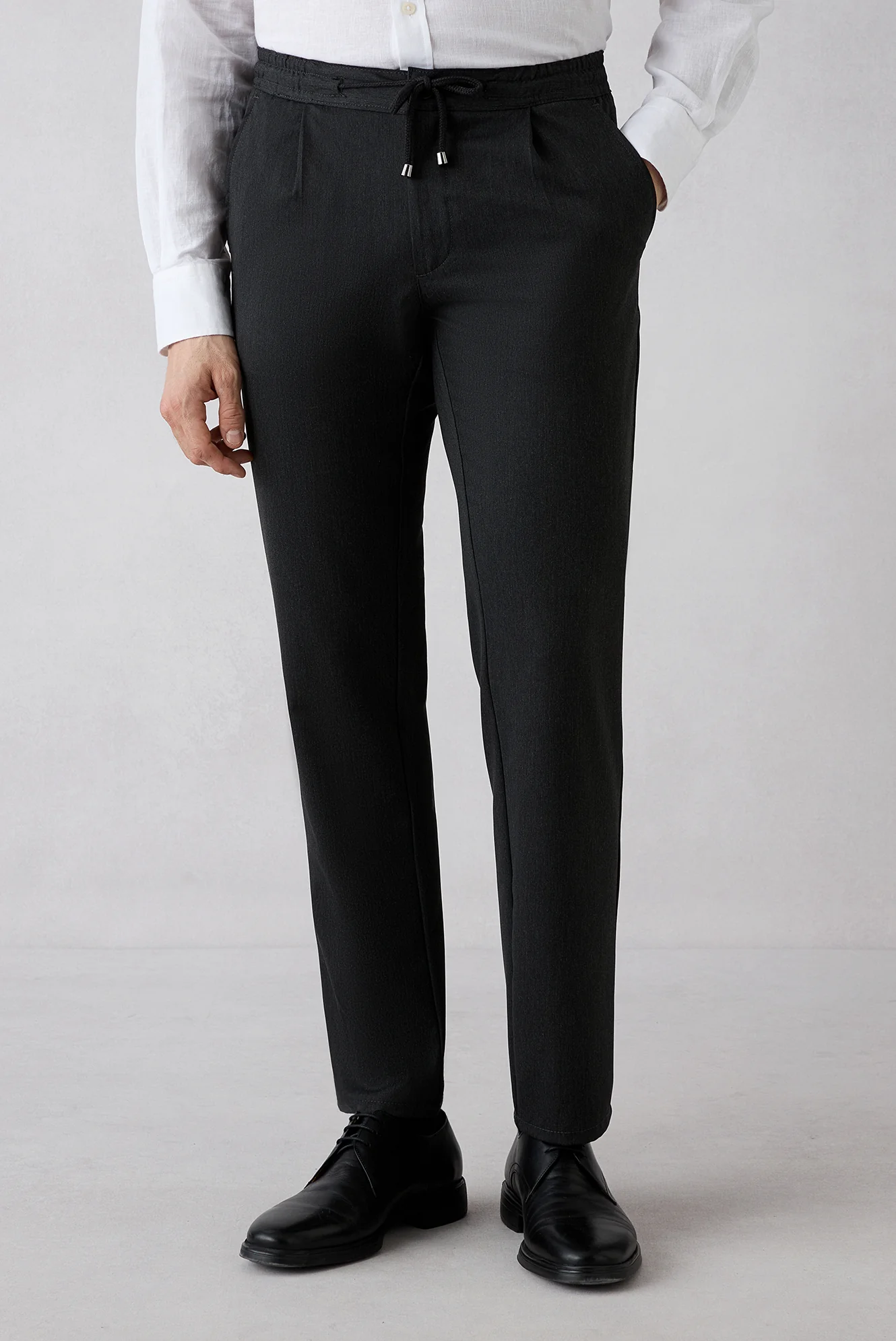 Koyu Antrasit Regular Straight Fit Beli Lastikli İpli Pileli Likralı Jogger Pantolon - Image 2