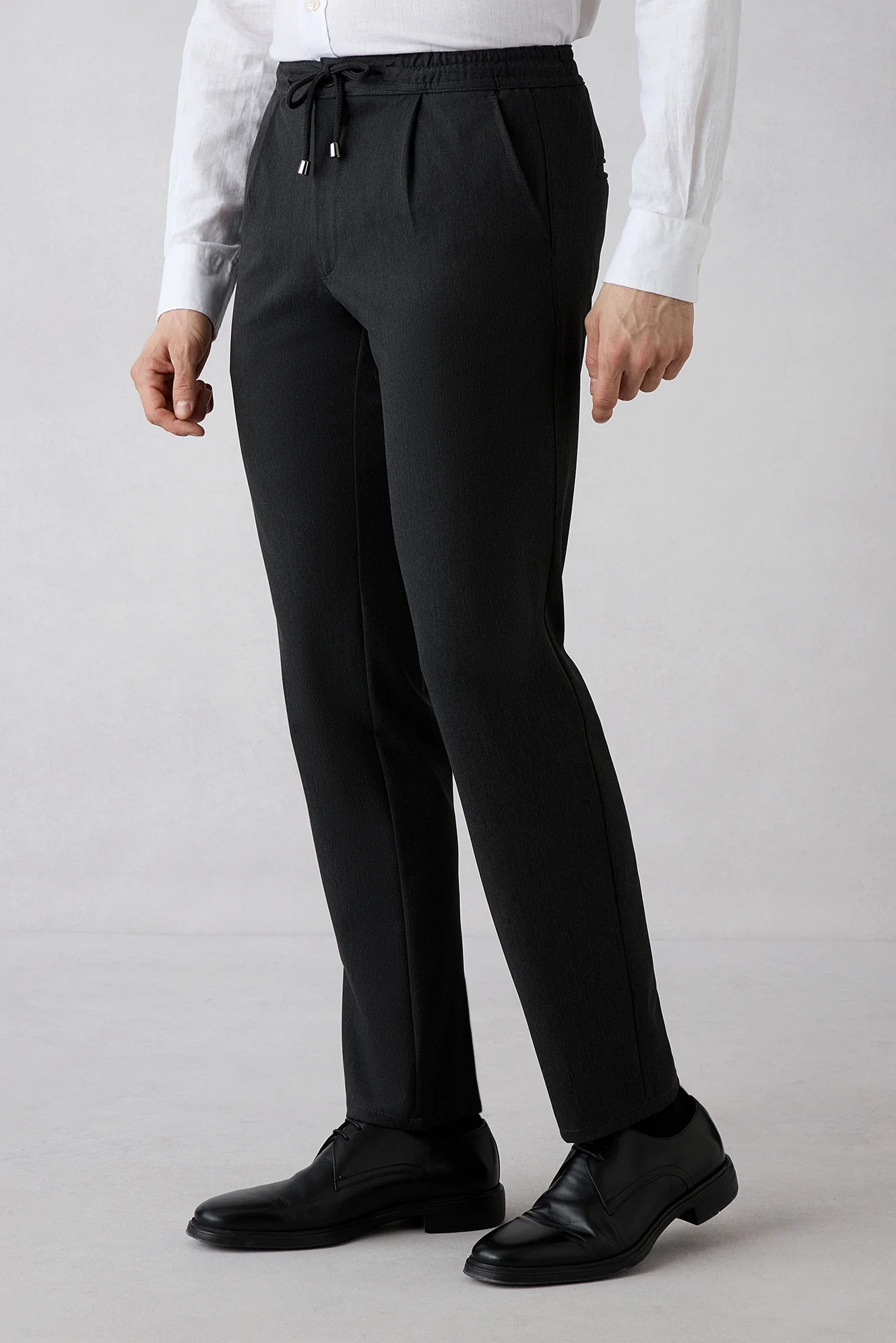 Koyu Antrasit Regular Straight Fit Beli Lastikli İpli Pileli Likralı Jogger Pantolon - Image 3