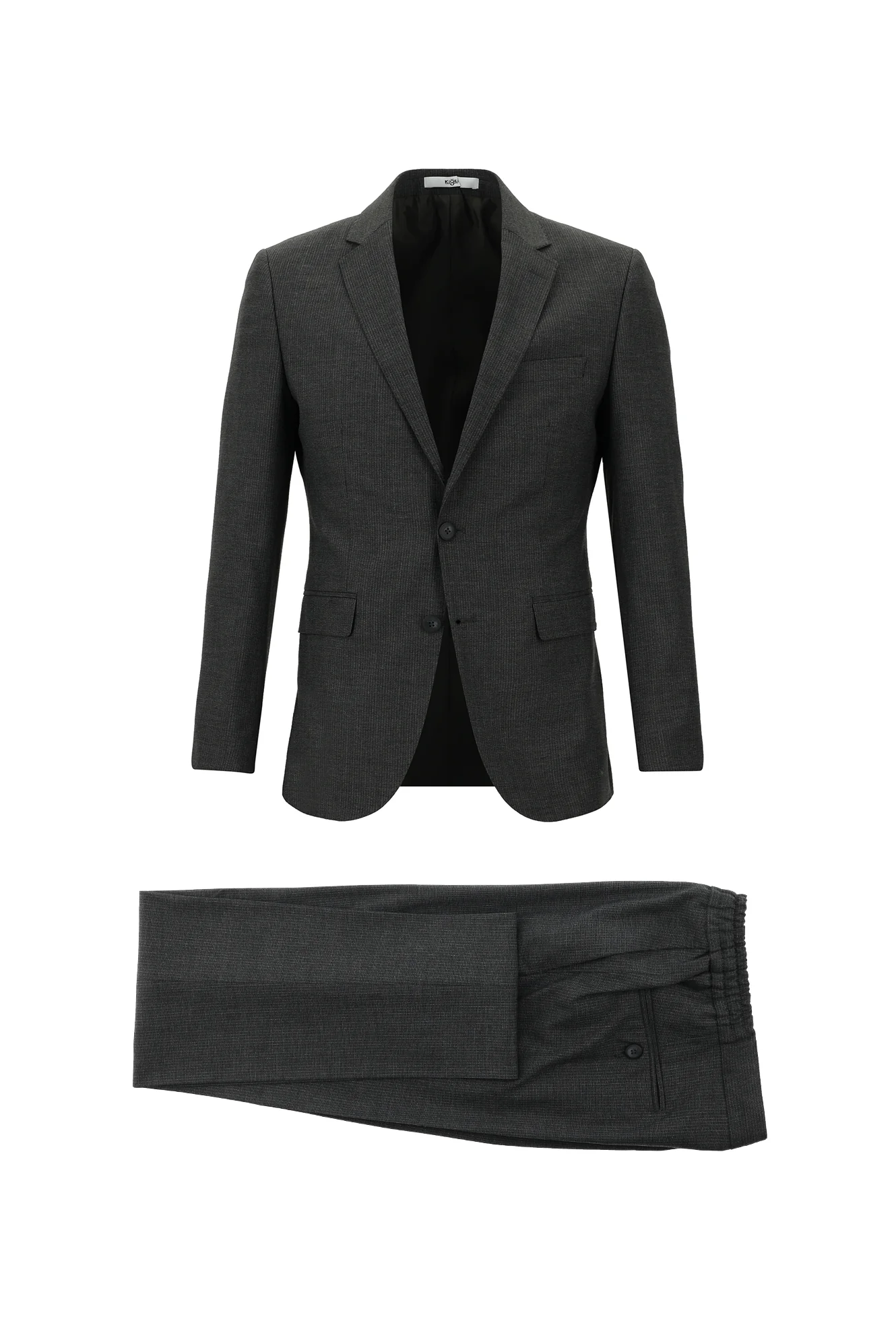 Koyu Antrasit 7 Drop Slim Fit Dar Kesim Beli Lastikli İpli Çizgili Takım Elbise