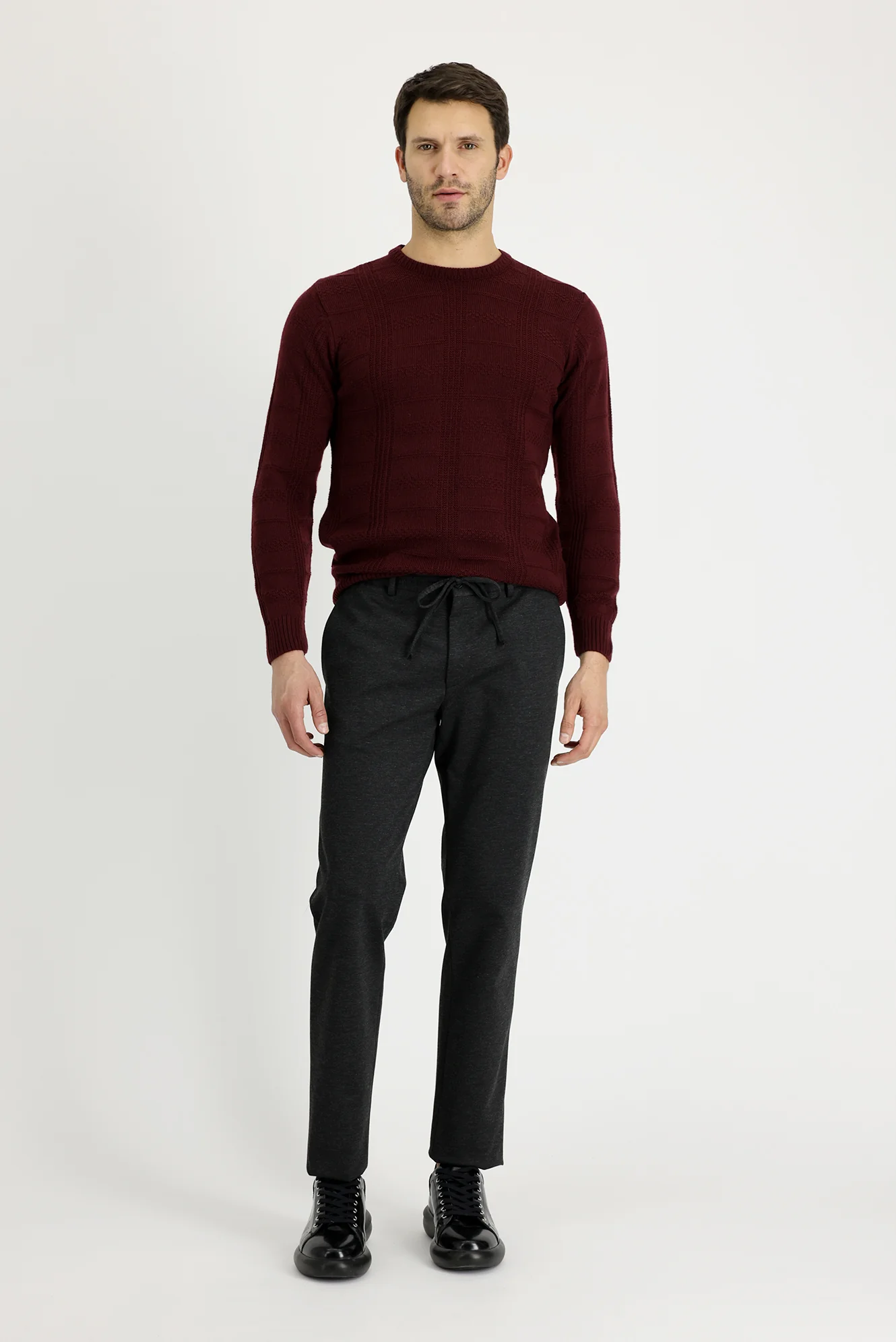 Koyu Antrasit 7 Drop Slim Fit Dar Kesim Beli Lastikli İpli Desenli Likralı Kumaş Pantolon - Image 2