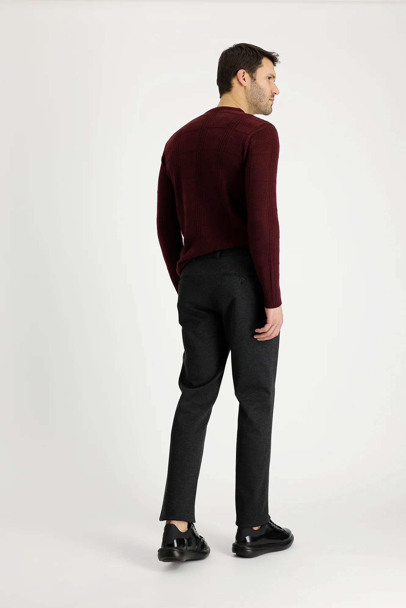 Koyu Antrasit 7 Drop Slim Fit Dar Kesim Beli Lastikli İpli Desenli Likralı Kumaş Pantolon - Image 3