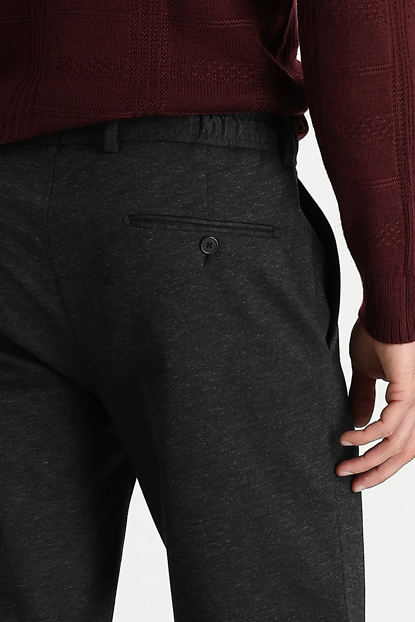 Koyu Antrasit 7 Drop Slim Fit Dar Kesim Beli Lastikli İpli Desenli Likralı Kumaş Pantolon - Image 4