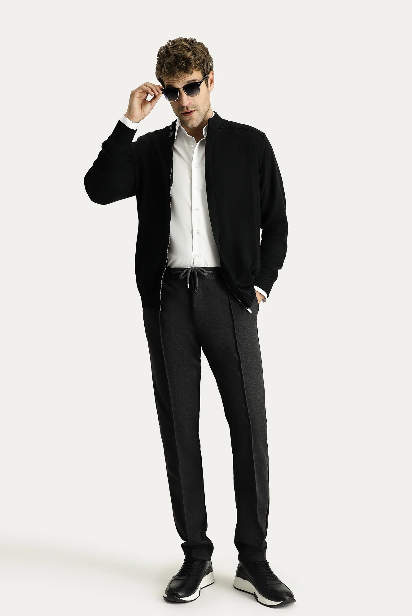 Koyu Antrasit Slim Fit Dar Kesim Beli Lastikli İpli Likralı Örme Kanvas / Chino Pantolon