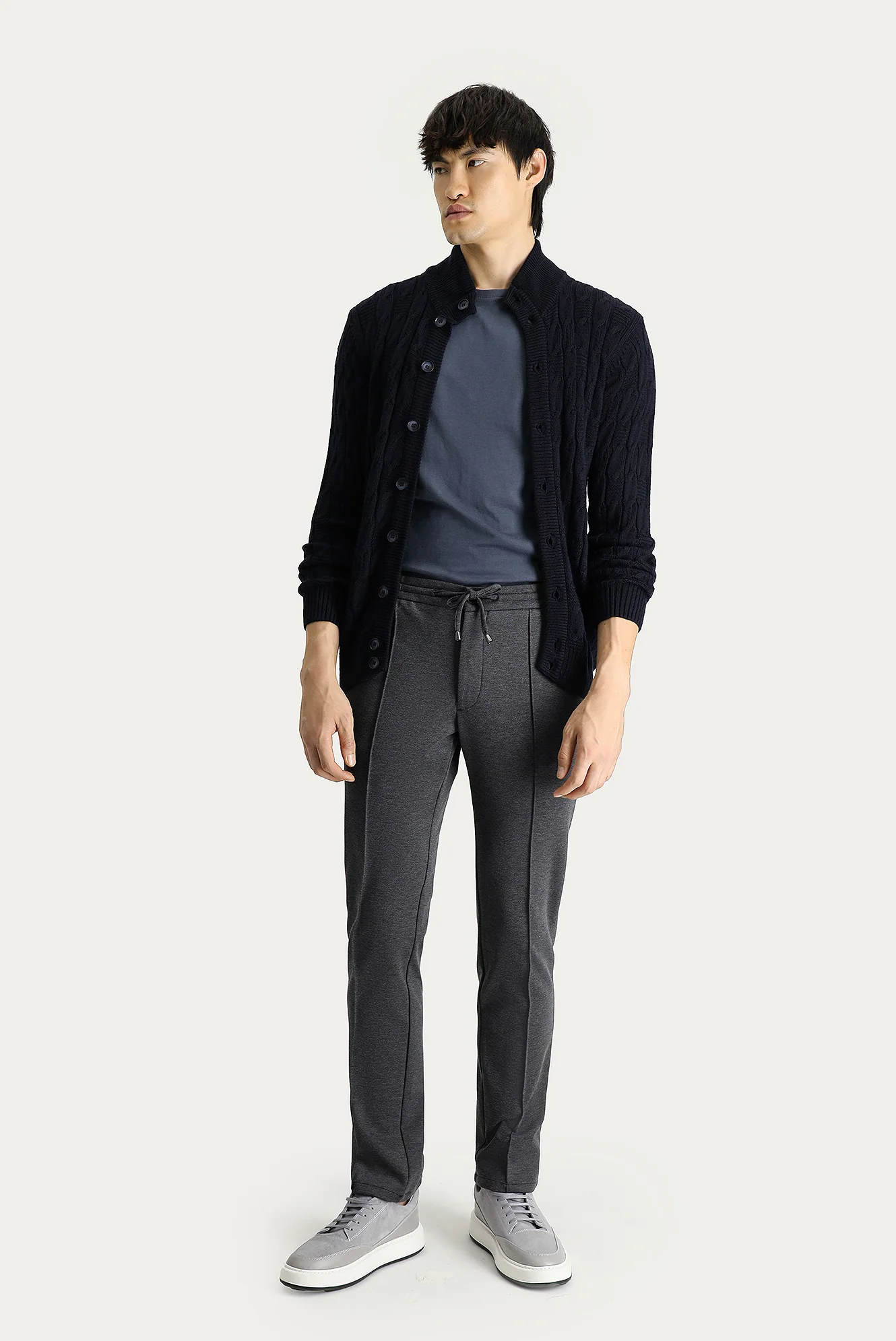 Koyu Antrasit Slim Fit Dar Kesim Beli Lastikli İpli Likralı Örme Pantolon