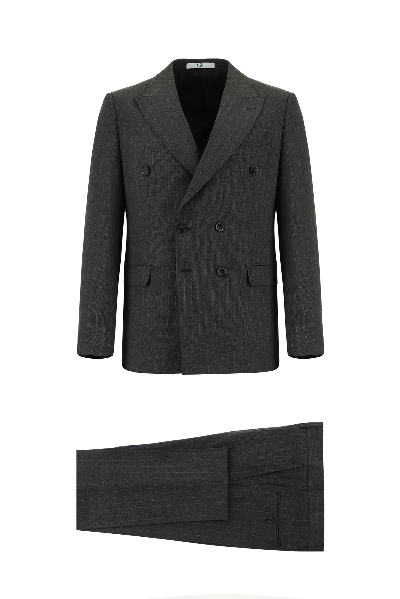 Koyu Antrasit 7 Drop Slim Fit Dar Kesim Çizgili Kruvaze Takım Elbise