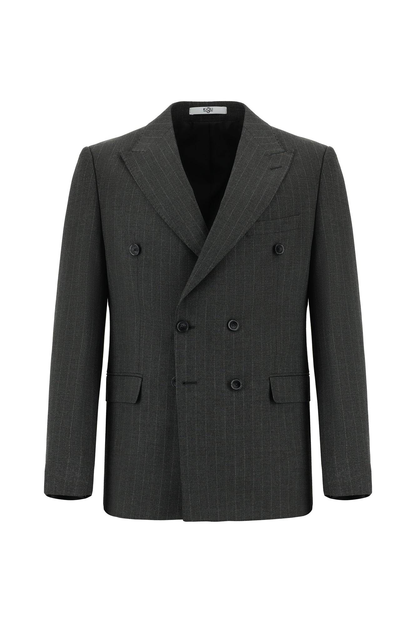 Koyu Antrasit 7 Drop Slim Fit Dar Kesim Çizgili Kruvaze Takım Elbise - Image 2