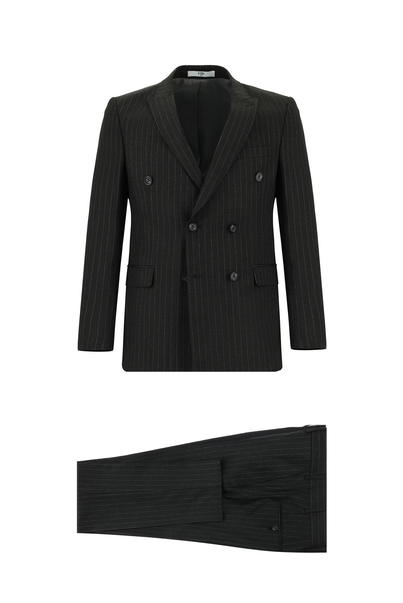 Koyu Antrasit 7 Drop Slim Fit Dar Kesim Çizgili Kruvaze Takım Elbise