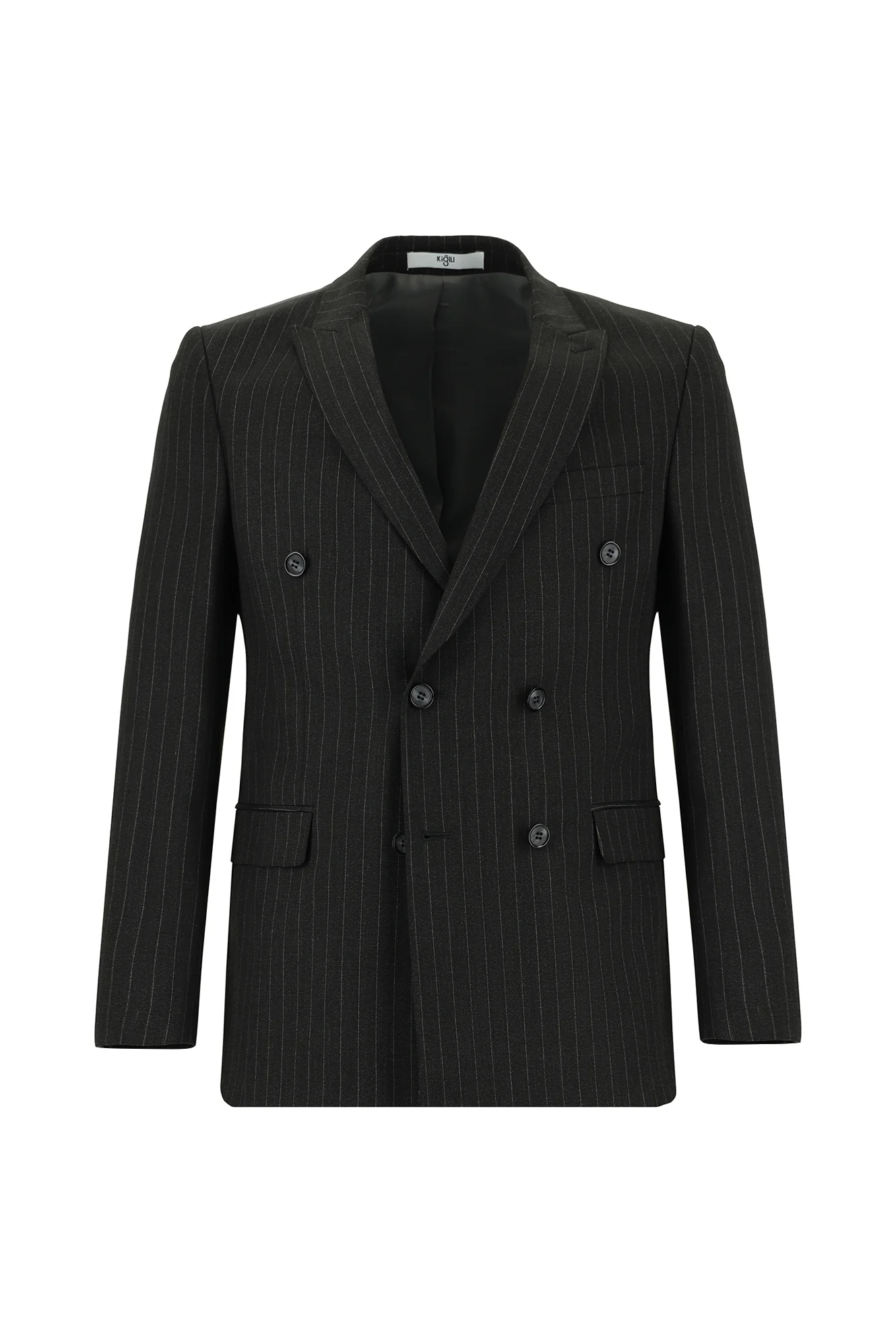 Koyu Antrasit 7 Drop Slim Fit Dar Kesim Çizgili Kruvaze Takım Elbise - Image 2