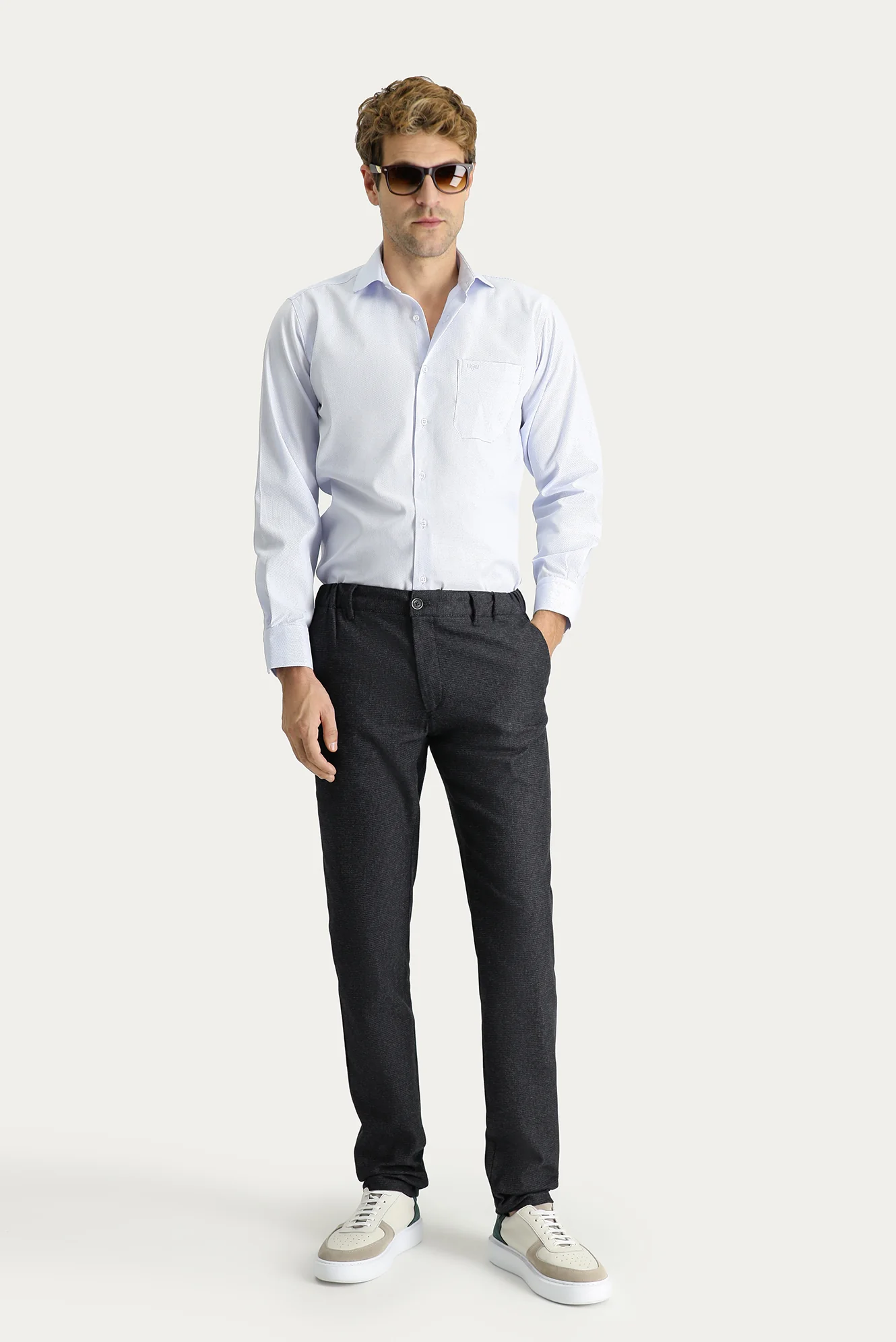 Koyu Antrasit Slim Fit Dar Kesim Desenli Beli Lastikli Likralı Kanvas / Chino Pantolon