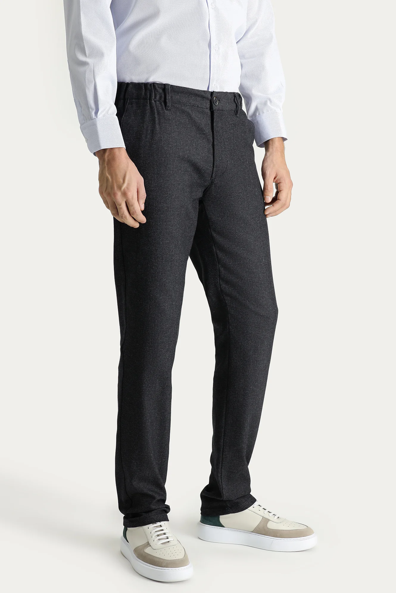 Koyu Antrasit Slim Fit Dar Kesim Desenli Beli Lastikli Likralı Kanvas / Chino Pantolon - Image 3
