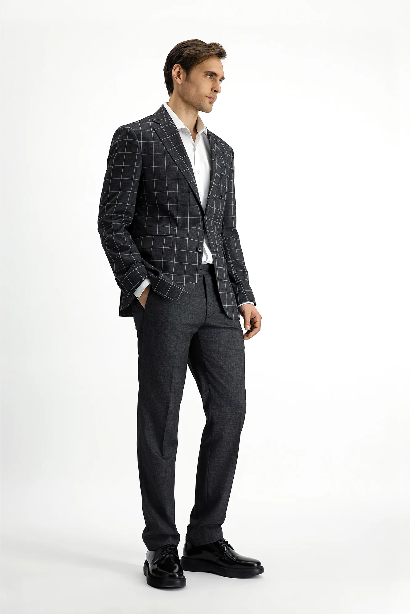 Koyu Antrasit 7 Drop Slim Fit Dar Kesim Kareli Kombinli Takım Elbise - Image 2