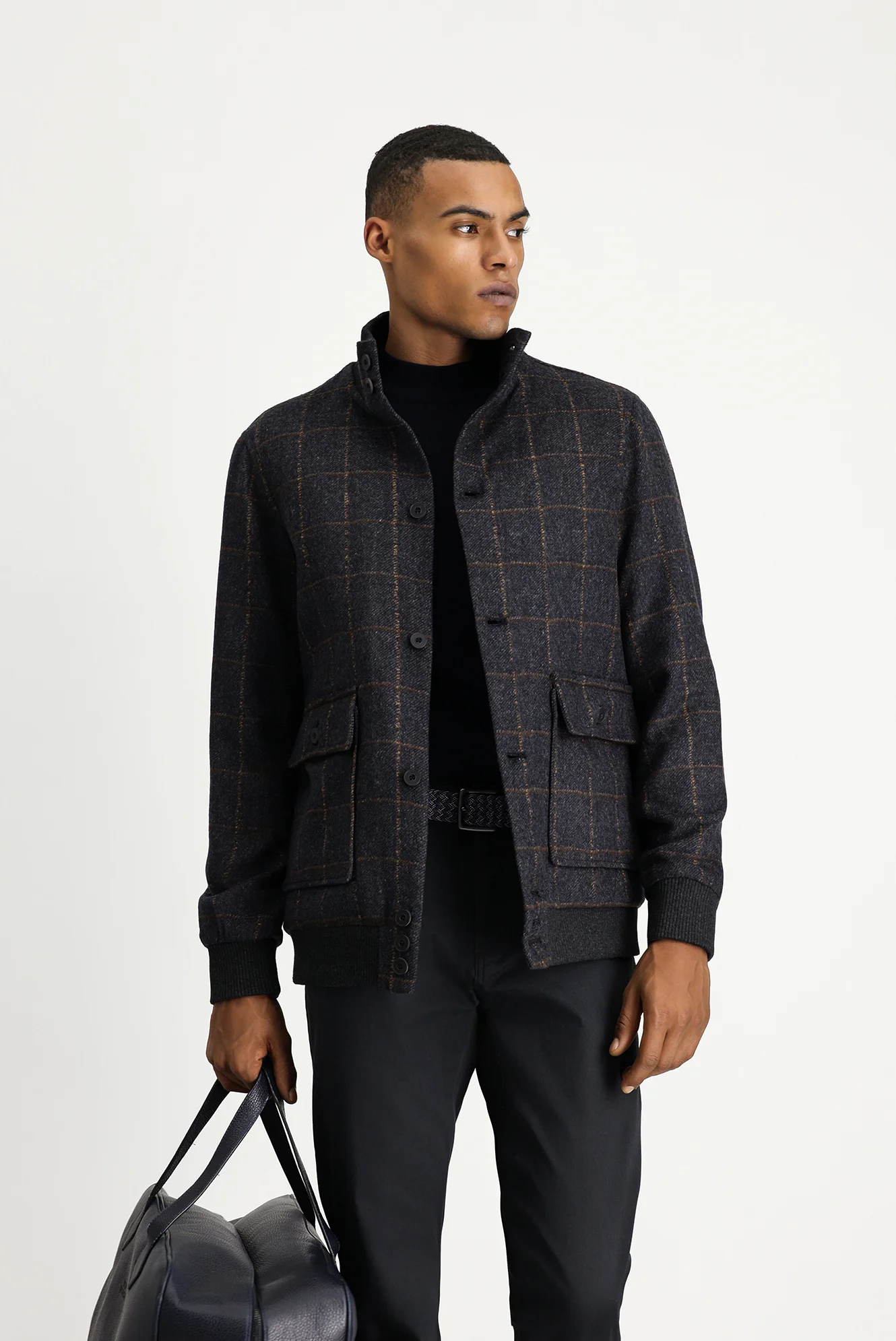 Koyu Antrasit Slim Fit Dar Kesim Kareli Yünlü Bomber Ceket Mont - Image 2