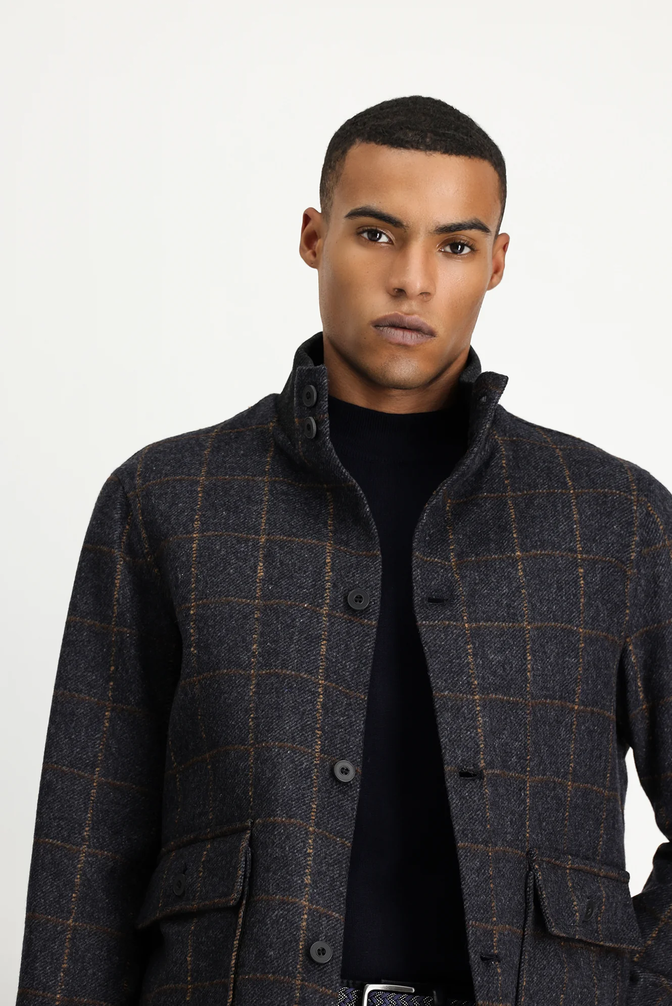 Koyu Antrasit Slim Fit Dar Kesim Kareli Yünlü Bomber Ceket Mont - Image 3