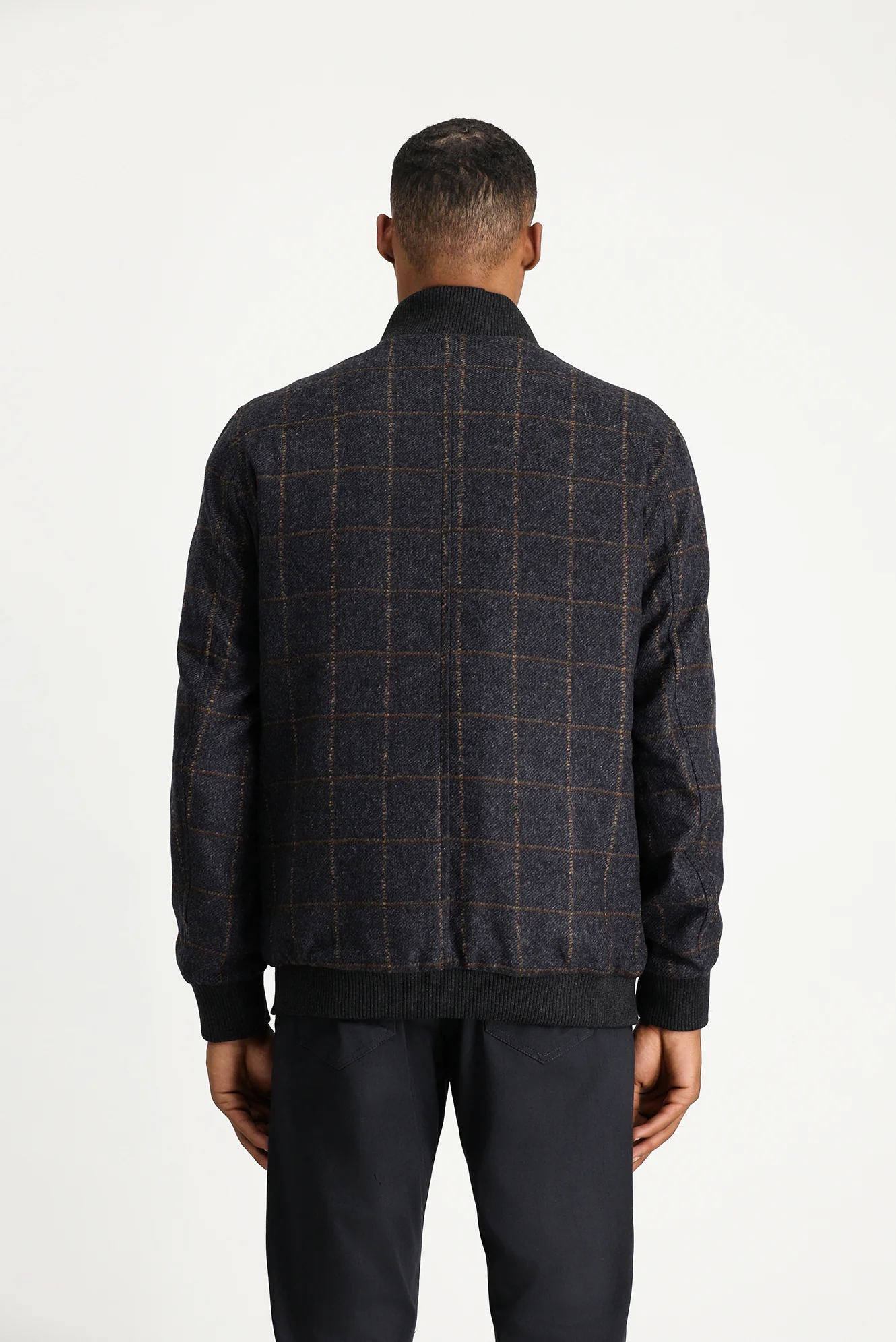 Koyu Antrasit Slim Fit Dar Kesim Kareli Yünlü Bomber Ceket Mont - Image 4