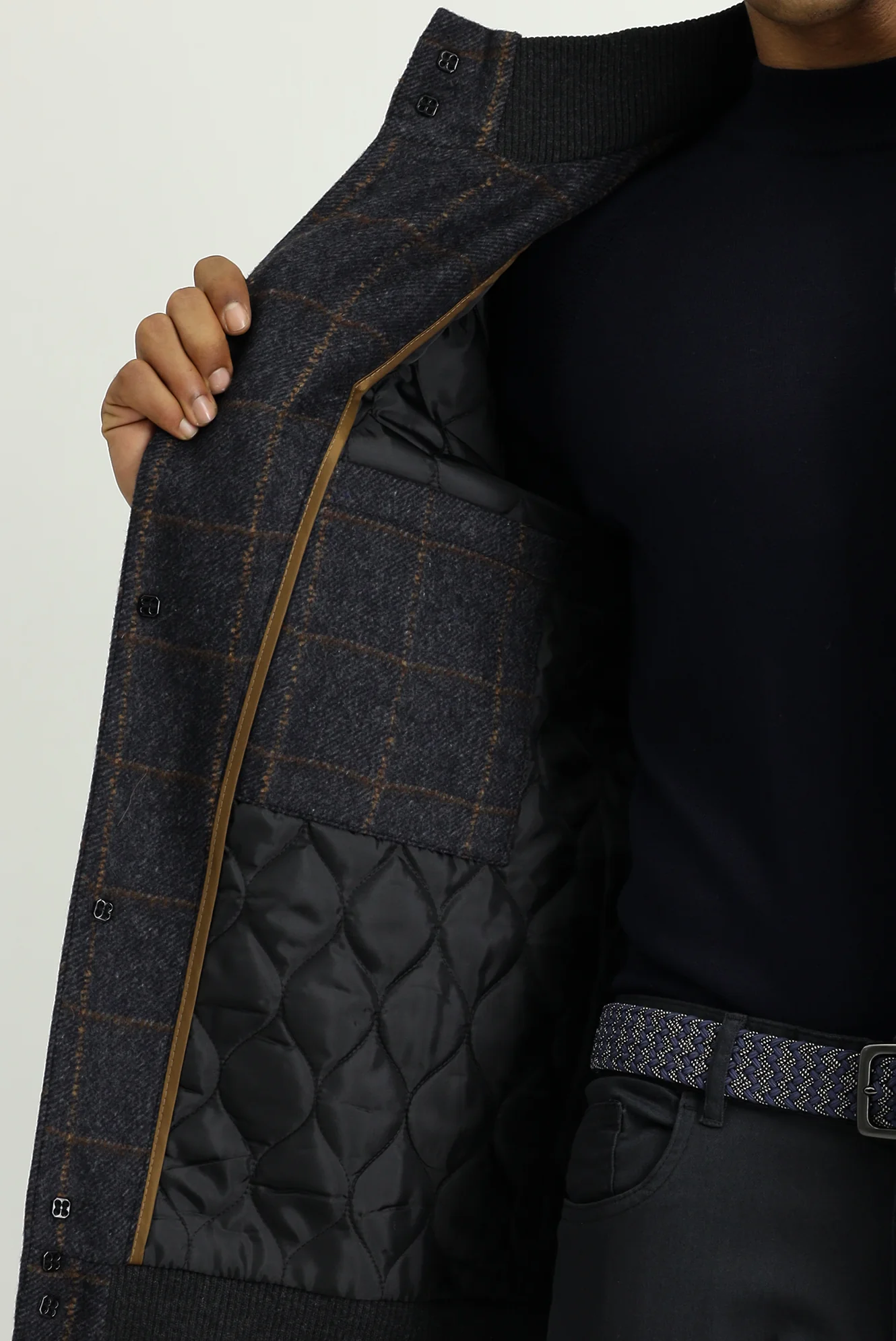 Koyu Antrasit Slim Fit Dar Kesim Kareli Yünlü Bomber Ceket Mont - Image 5