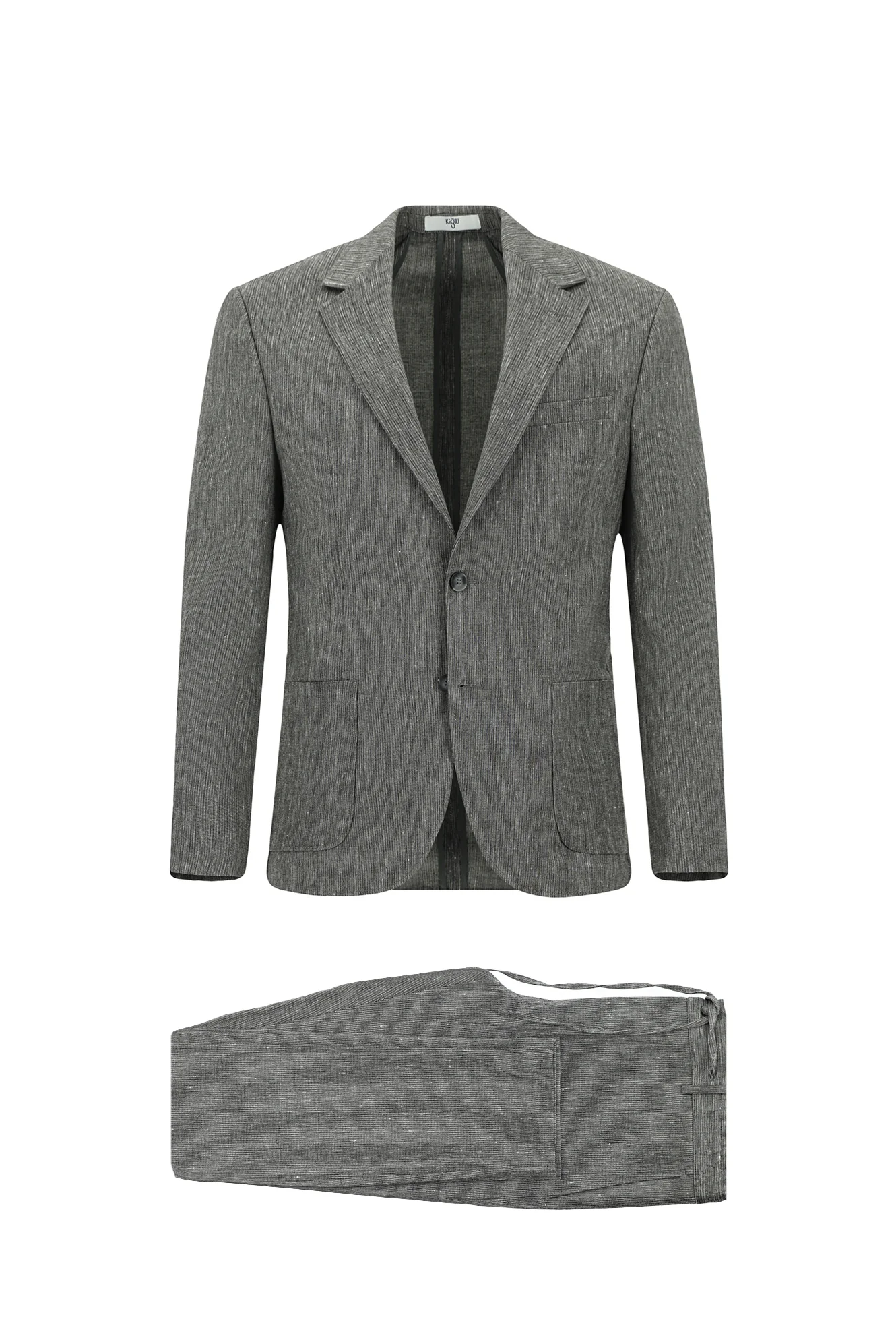 Koyu Antrasit 7 Drop Slim Fit Dar Kesim Keten Karışımlı Beli Lastikli İpli Takım Elbise
