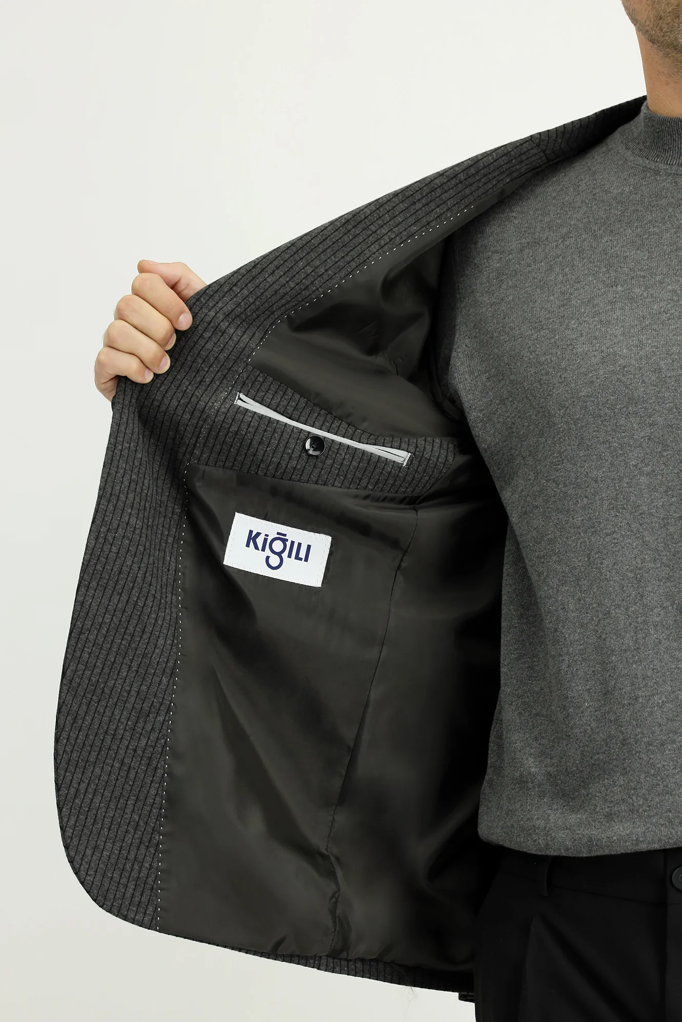 Koyu Antrasit 7 Drop Slim Fit Dar Kesim Klasik Çizgili Pamuklu Örme Ceket - Image 5