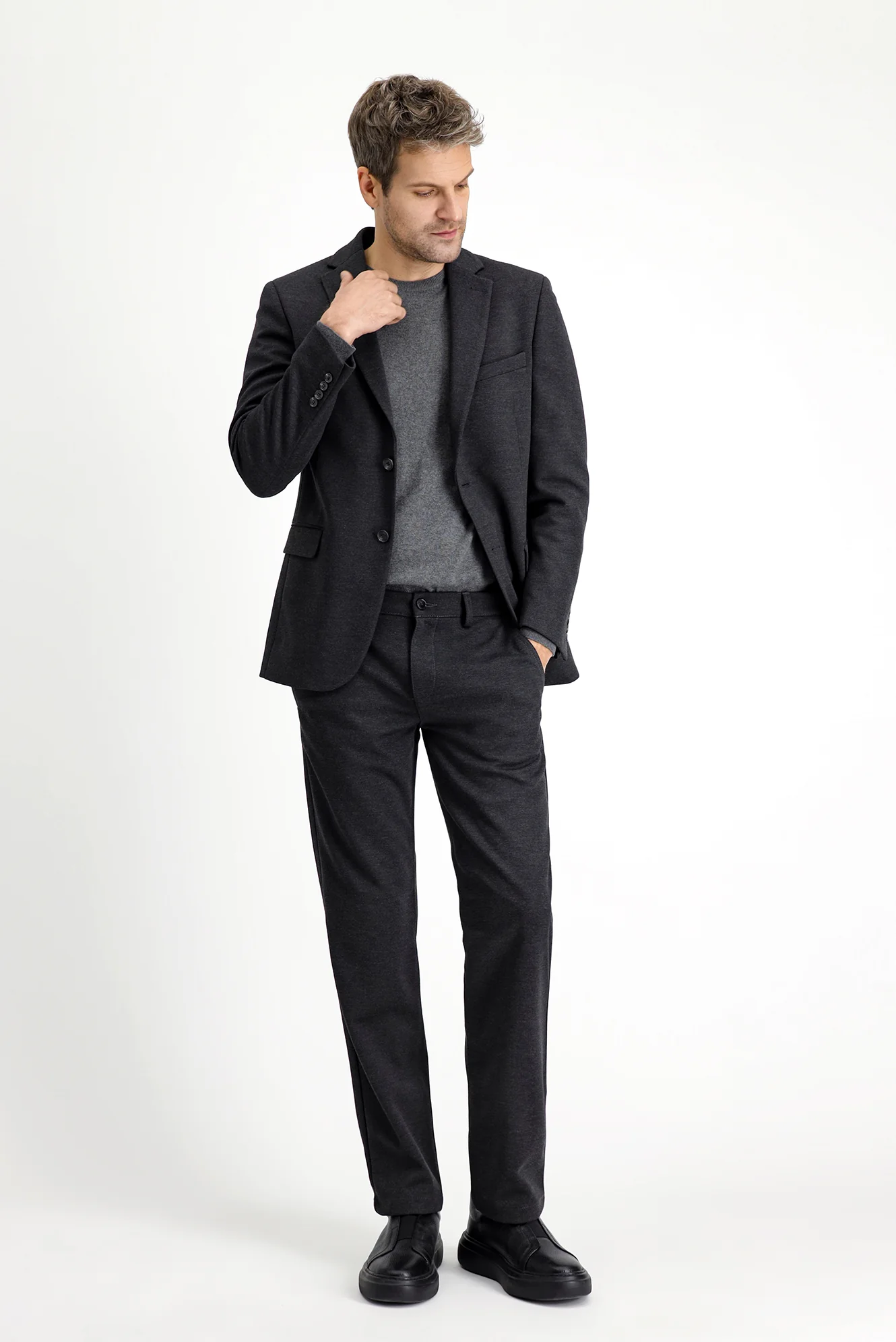 Koyu Antrasit 7 Drop Slim Fit Dar Kesim Likralı Örme Klasik Kumaş Pantolon