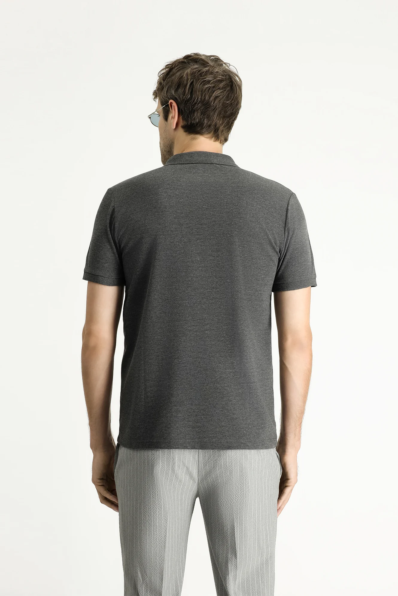 Koyu Antrasit Polo Yaka Slim Fit Nakışlı %100 Pamuk Tişört - Image 4