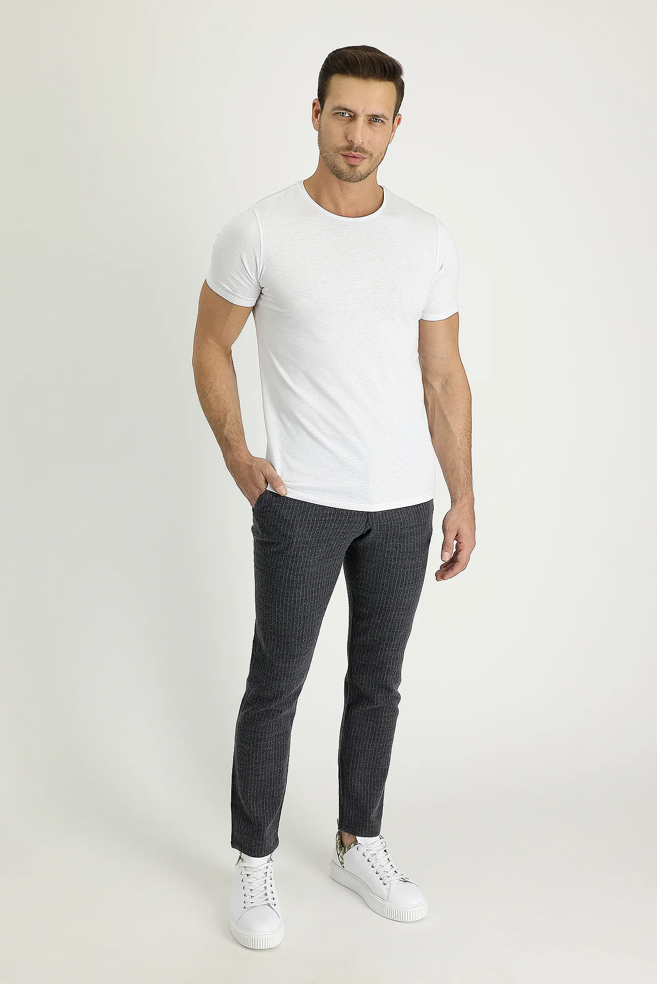 Koyu Antrasit 7 Drop Slim Fit Dar Kesim Yünlü Beli Lastikli İpli Çizgili Kumaş Pantolon